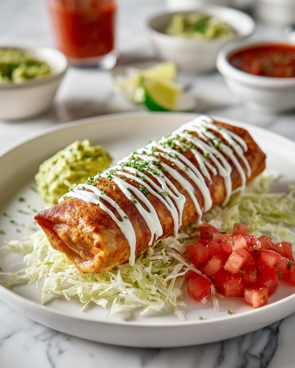 A golden-brown fried rolled burrito lies in the center of a white plate on a white marbled surface. The burrito is topped with white sour cream sauce drizzled unevenly and sprinkled with finely chopped green herbs. Around the burrito are two bright red tomato wedges and two lime wedges with a light green inside. To the left of the burrito, there is a small pile of bright green guacamole placed on shredded pale green lettuce. The plate shows some scattered drops of sour cream sauce. The background includes a blurred red salsa bowl and a bowl of green guacamole, all on the white marbled surface. photo taken with an iphone --ar 4:5 --v 7