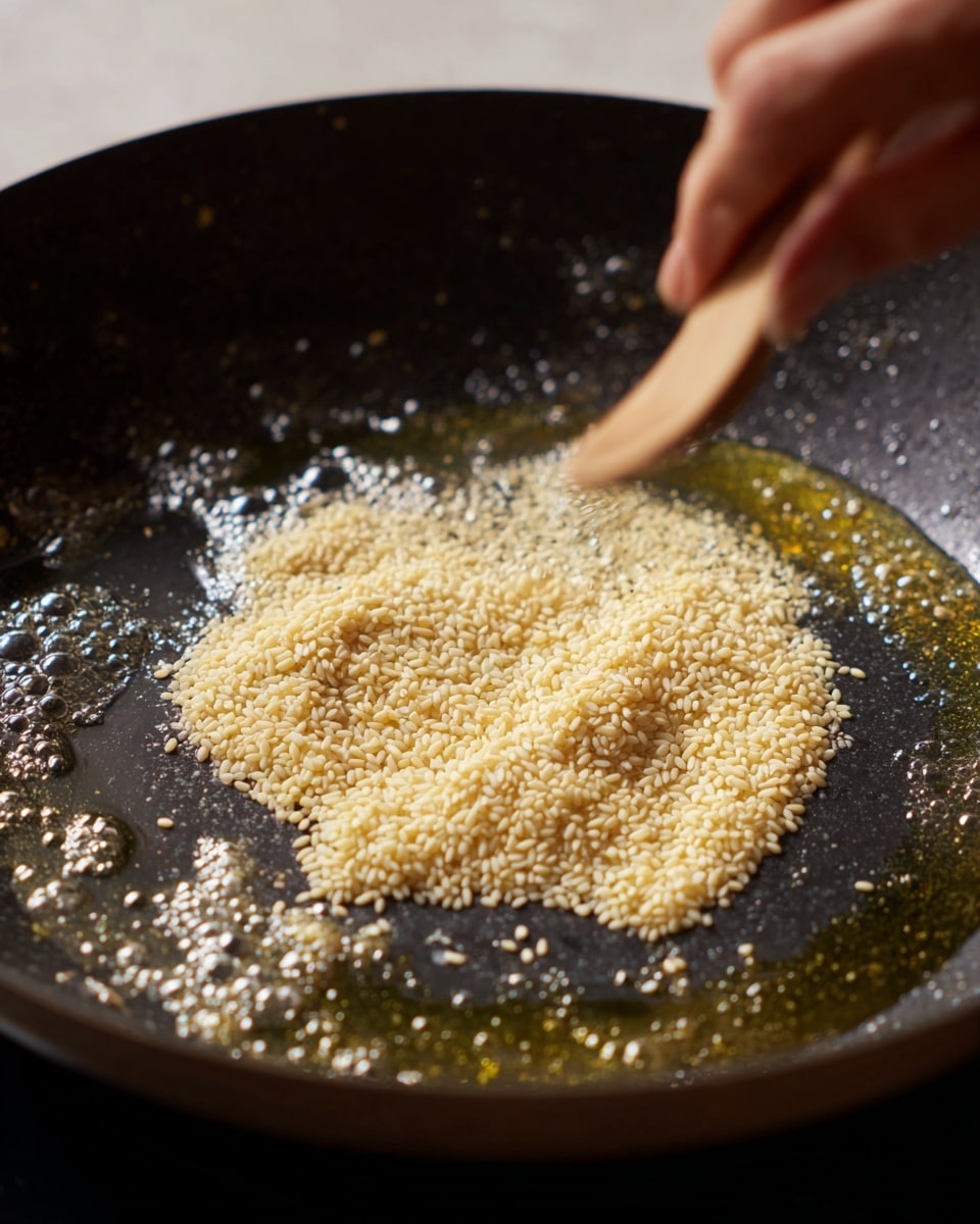 The image shows a close-up of a dark frying pan with a layer of small, light beige grains, likely orzo pasta, spread thinly across the surface, with some grains clustered together forming a rough circular shape. There is a shiny, bubbly layer of melted butter or oil underneath and around the grains, giving a golden glow. On the right edge, a woman's hand is seen stirring or moving the grains with a soft wooden utensil. The background is simple and out of focus, emphasizing the pan and ingredients. photo taken with an iphone --ar 4:5 --v 7