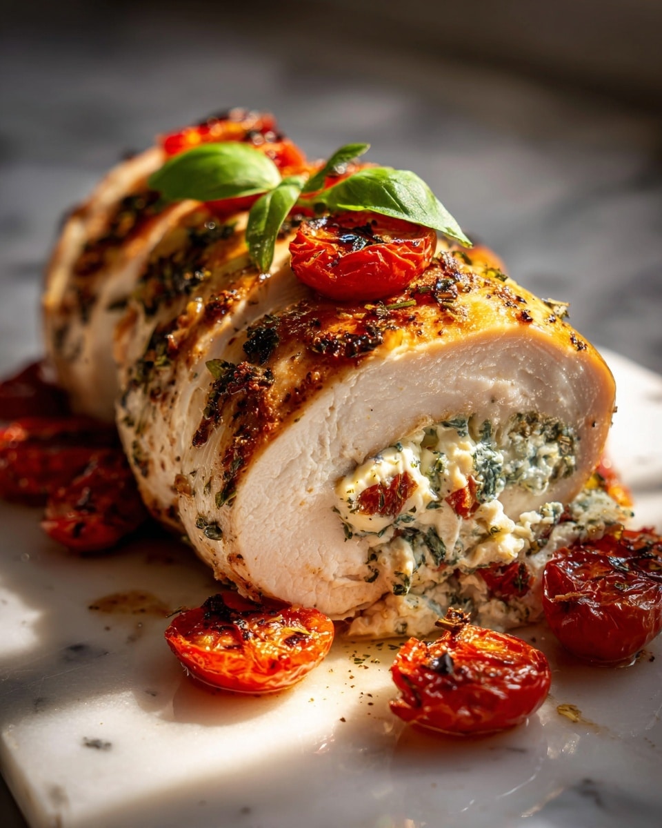 The image shows a piece of rolled chicken stuffed with white cheese and green herbs mixed with small red tomato pieces. The outside of the chicken is browned and seasoned with visible herbs and spices. On top of the chicken sits a halved roasted tomato and a fresh green basil leaf. Around the chicken, there are several roasted tomato halves with a slightly charred look, sitting on a white marbled surface. Small basil leaves and herbs are scattered near the chicken, adding more green accents. photo taken with an iphone --ar 4:5 --v 7