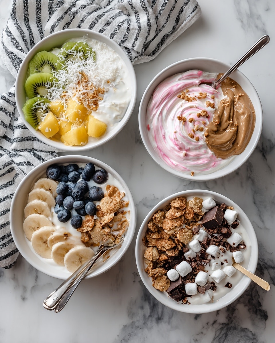 Four white bowls placed on a white marbled hexagonal tiled surface, each filled with a different yogurt dish. Top left bowl contains a smooth yogurt base topped with bright yellow mango chunks on one side and fresh green kiwi slices on the other, sprinkled with white shredded coconut. Top right bowl has yogurt mixed with pink berry sauce, topped with crushed golden brown cookies and drizzled with light brown peanut butter. Bottom left bowl shows a yogurt spread topped with round yellow banana slices on one side and dark blue blueberries on the other, sprinkled with clusters of granola and drizzled with peanut butter. Bottom right bowl is filled with yogurt layered with mini white marshmallows, white and dark chocolate chips, and crushed golden brown cookies, all drizzled with dark chocolate sauce. Each bowl has a long metallic spoon inside or resting near it. A white towel with black stripes lies partially visible under the bottom bowls. photo taken with an iphone --ar 4:5 --v 7