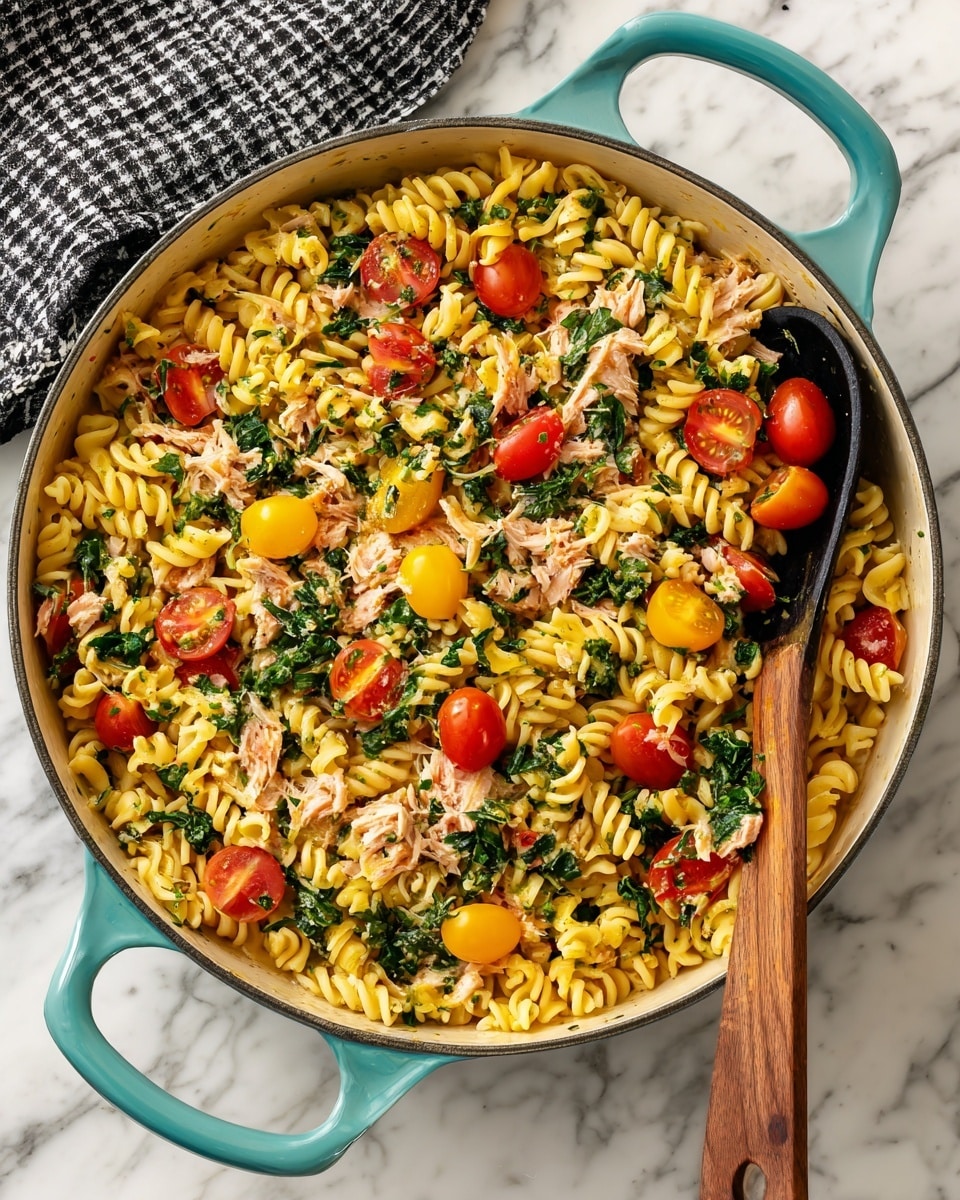 A large round pan with teal handles filled with three layers: the base is light yellow spiral pasta, scattered with light pink chunks of cooked fish, layered with bright green cooked spinach leaves, and dotted with whole, glossy yellow and red cherry tomatoes, all mixed together with a creamy sauce. A wooden spoon with a black head rests inside the pan. The pan sits on a white marbled surface with a light checkered cloth tucked beside it, photo taken with an iphone --ar 4:5 --v 7