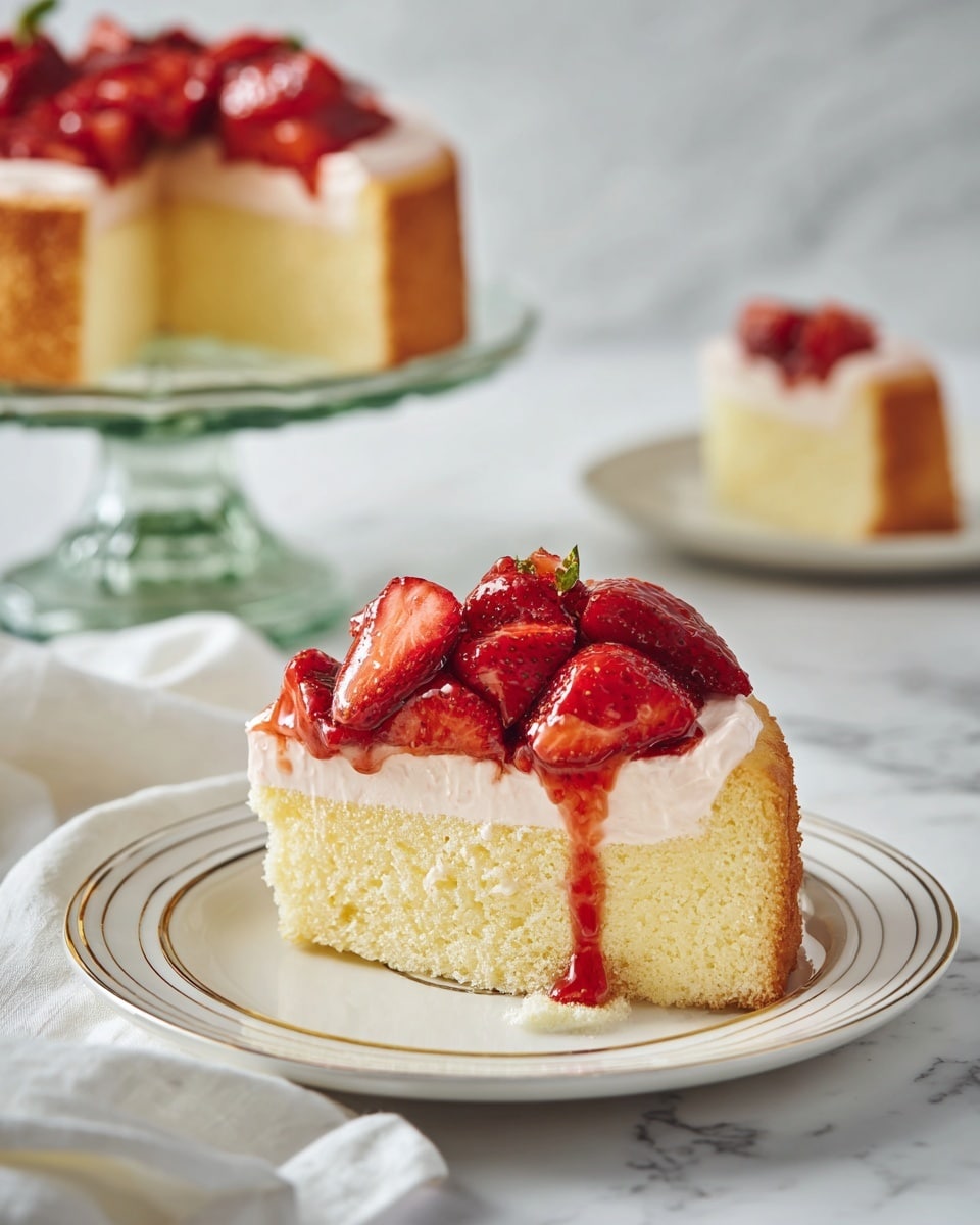 This image shows a light yellow sponge cake with two main layers. The bottom layer is the soft cake slice with a pale yellow color and a smooth, slightly crumbly texture. On top of the cake is a thick layer of light pink whipped cream with a soft, fluffy texture. The cream is topped with bright red sliced strawberries that appear fresh and juicy, with some pieces slightly glossy from syrup dripping down the sides. The cake slice sits on a white plate with a ridged pattern, placed on a white marbled surface. In the background, there is a white plate with another plain cake slice and part of the whole cake on a clear glass cake stand. photo taken with an iphone --ar 4:5 --v 7