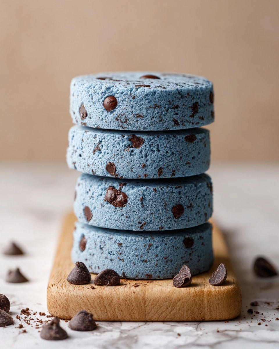 Several round, soft-looking blue cookies with brown chocolate chips scattered on top are placed on a small light wooden cutting board and a white marbled textured surface. The cookies have a slightly cracked texture and vary slightly in size. A few loose chocolate chips are also scattered around the board and surface, adding detail to the casual arrangement. The cutting board has a rope loop at the handle, adding a rustic touch to the scene. The overall look is warm and inviting with the contrast of blue cookies against the light wood and white marbled background. photo taken with an iphone --ar 4:5 --v 7