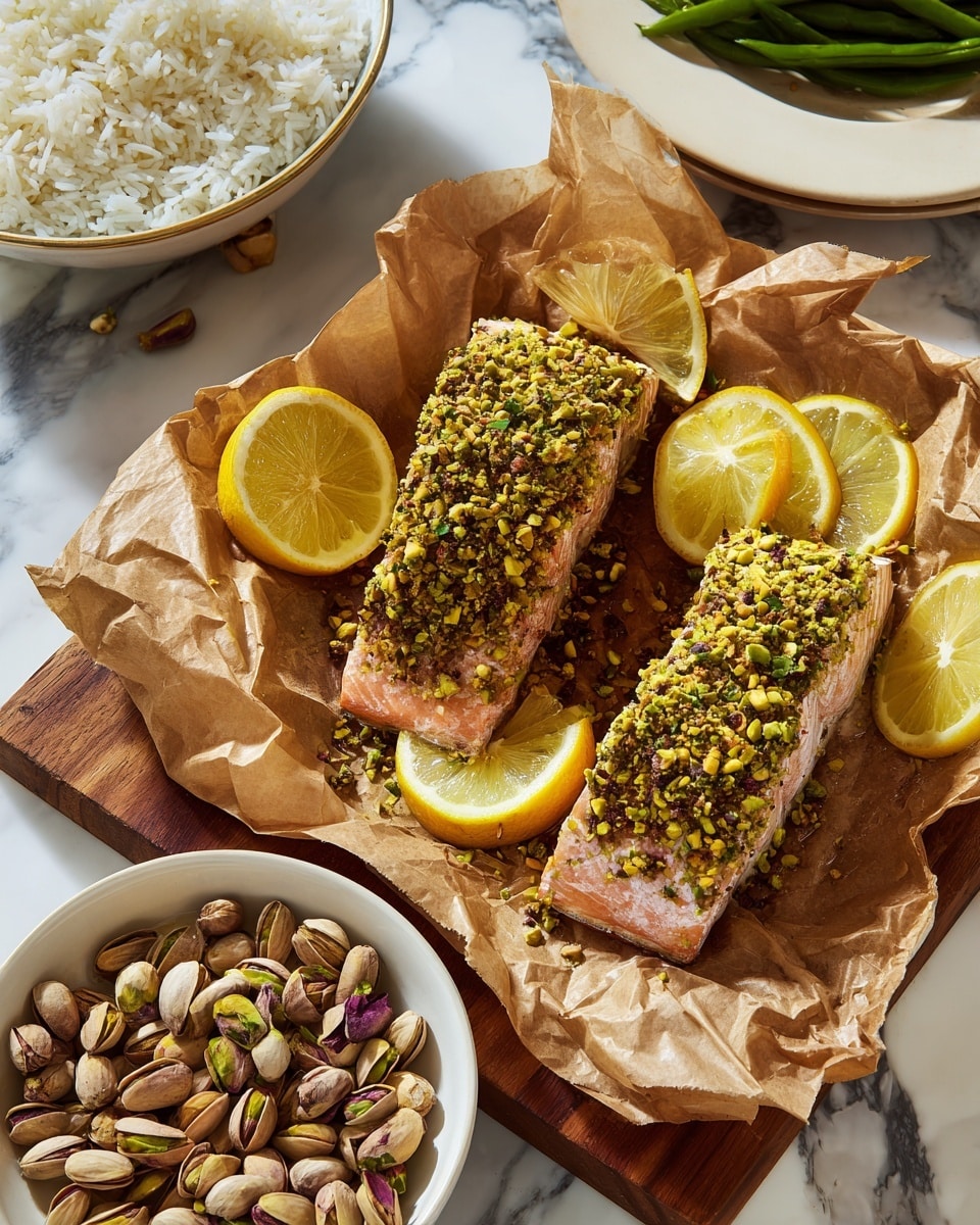 The image shows two pieces of fish topped with a thick, crunchy layer of mixed chopped nuts, mostly golden-brown and green pistachios, placed on a sheet of brown paper over a wooden board with a handle. The nut crust on the fish looks toasted with textures of small nut chunks. Around the fish are small light-yellow lemon wedges with white and yellow interiors, scattered whole pistachios, and bits of green herbs sprinkled on top. Next to the fish, there is a small white bowl filled with more chopped pistachios. In the top left corner, a white plate holds bright green, glossy cooked green beans. The whole setting is on a white marbled textured surface. Photo taken with an iphone --ar 4:5 --v 7