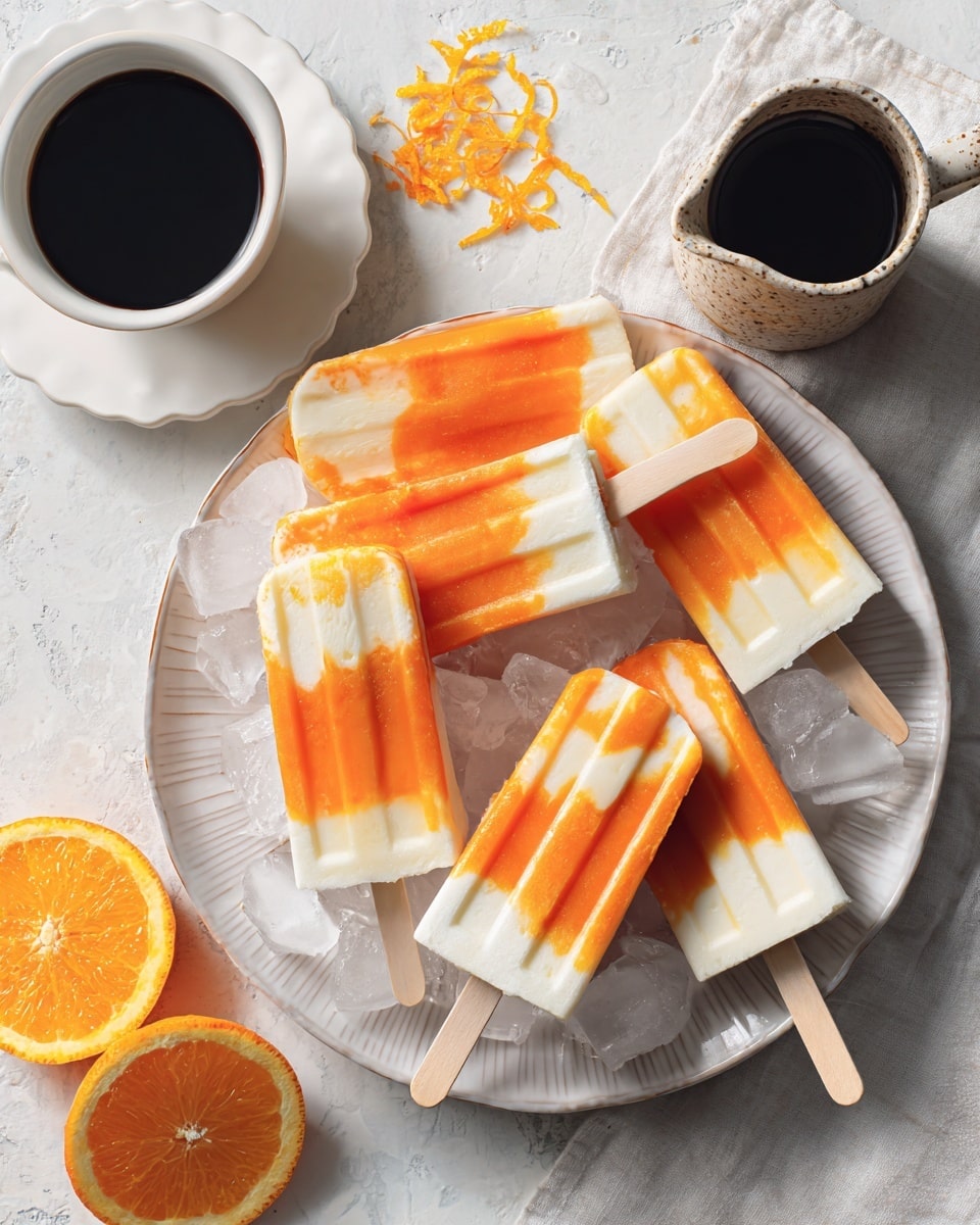 Seven popsicles rest on ice in a round white plate with a ridged edge; each popsicle has two layers with swirled light cream and pale orange colors. The plate sits on a white marbled surface with a small gray pitcher and a white dish with orange zest nearby. Part of a white bowl and halves of fresh oranges are partially visible around the scene. Photo taken with an iphone --ar 4:5 --v 7