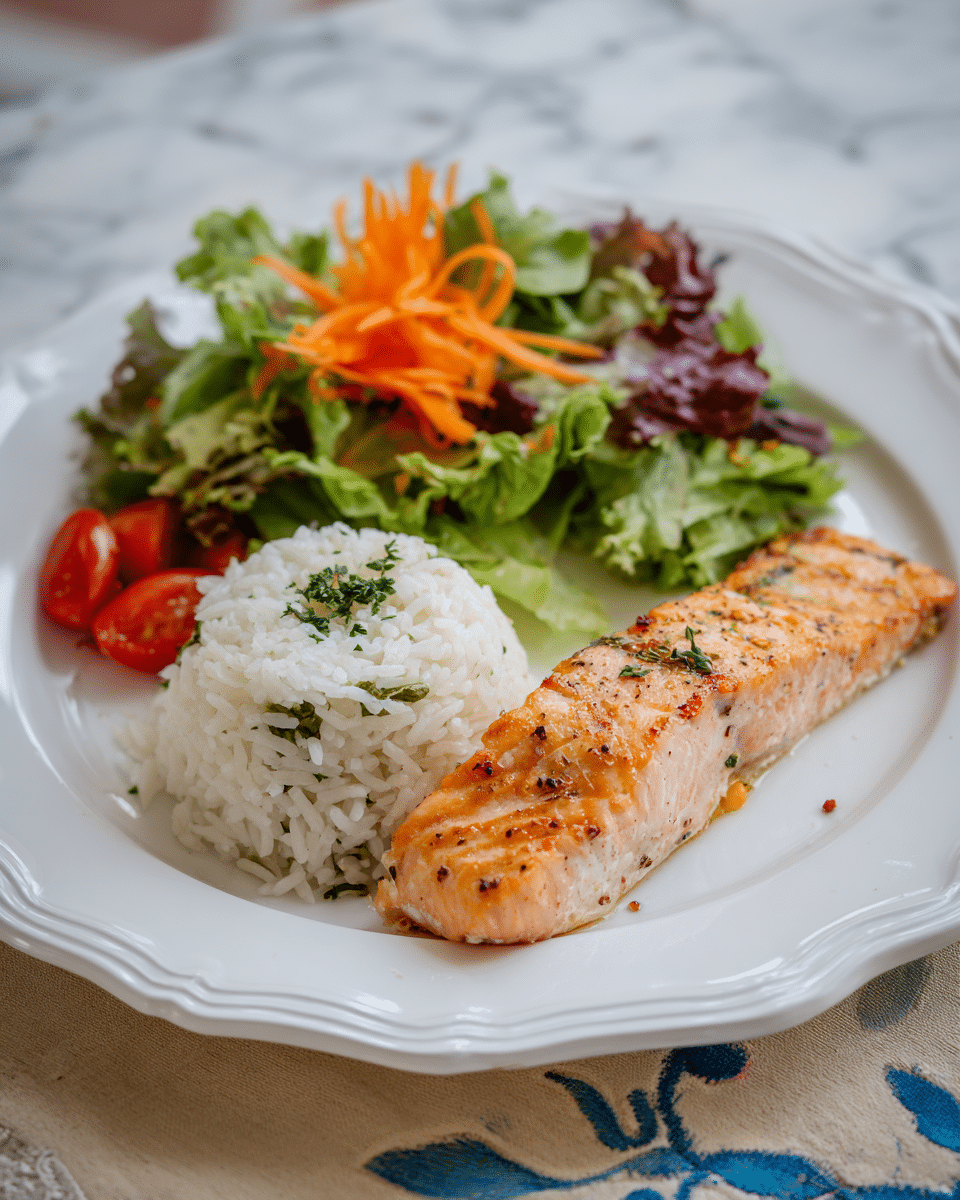 A white scalloped plate holds three main layers: at the front, a thick, orange-pink cooked salmon fillet with a black pepper seasoning, showing a moist texture with slightly crispy edges; in the middle, fluffy white rice scattered with tiny green herbs; and at the back, a fresh green leafy salad mixed with orange carrot ribbons and small red tomato pieces, creating a fresh and colorful contrast. A silver fork with a white handle rests on the plate’s right edge. The plate is set on a white marbled surface with a blue patterned cloth underneath. Photo taken with an iphone --ar 4:5 --v 7