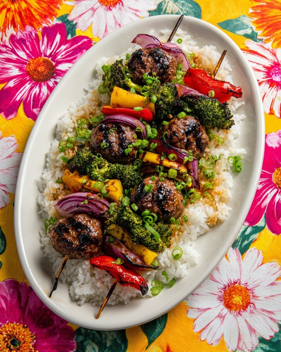 The image shows three skewers placed on a white oval plate, each skewer layered with four browned meatballs, two or three small green broccoli florets, two red bell pepper pieces, and two pieces of light purple onion. The skewers rest on a bed of white rice, which has some soy sauce splashes and small green onion slices scattered on top. The plate is set on a colorful floral tablecloth with daisy patterns. photo taken with an iphone --ar 4:5 --v 7