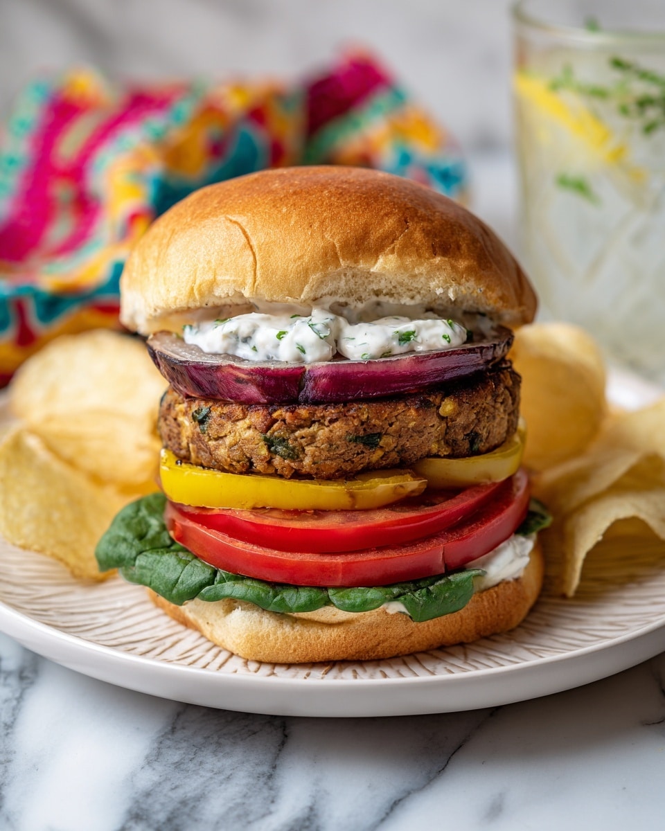 A burger on a white plate with a side of pale yellow potato chips. The burger has four layers: at the bottom, bright green spinach leaves and two thick red tomato slices; above that, yellow pepper rings and a grilled dark purple onion slice; next is a thick patty with a browned, slightly crispy top and green flecks inside; on top of the patty is a layer of white sauce with small herbs. The burger is held with a shiny, golden brown soft bun on top and bottom. The plate is placed on a white marbled surface with a colorful cloth and a clear glass in the background. Photo taken with an iphone --ar 4:5 --v 7