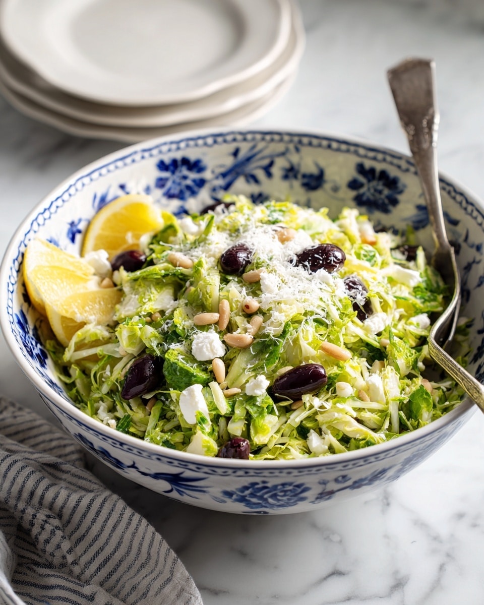 A white bowl with blue decorative patterns contains a fresh salad made of shredded bright green Brussels sprouts. Scattered on top are small dark purple olives and light beige pine nuts, with finely grated white cheese sprinkled over the salad. A lemon wedge is placed on the left side of the bowl near the edge. A silver spoon rests inside the bowl on the right side. The bowl sits on a white marbled surface with a striped cloth nearby, and part of a white plate is visible to the right. photo taken with an iphone --ar 4:5 --v 7