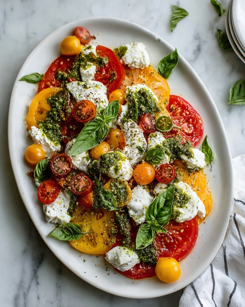 A white plate filled with many layers of sliced tomatoes in bright red, yellow, and orange colors arranged evenly. On top of the tomatoes are dollops of soft white cheese scattered around, each with a drizzle of green pesto sauce adding a textured look. Bright green basil leaves are placed in between the cheese and tomatoes, adding fresh color. The plate sits on a white marbled surface, and a towel with a grid pattern is visible to the right. Photo taken with an iphone --ar 4:5 --v 7
