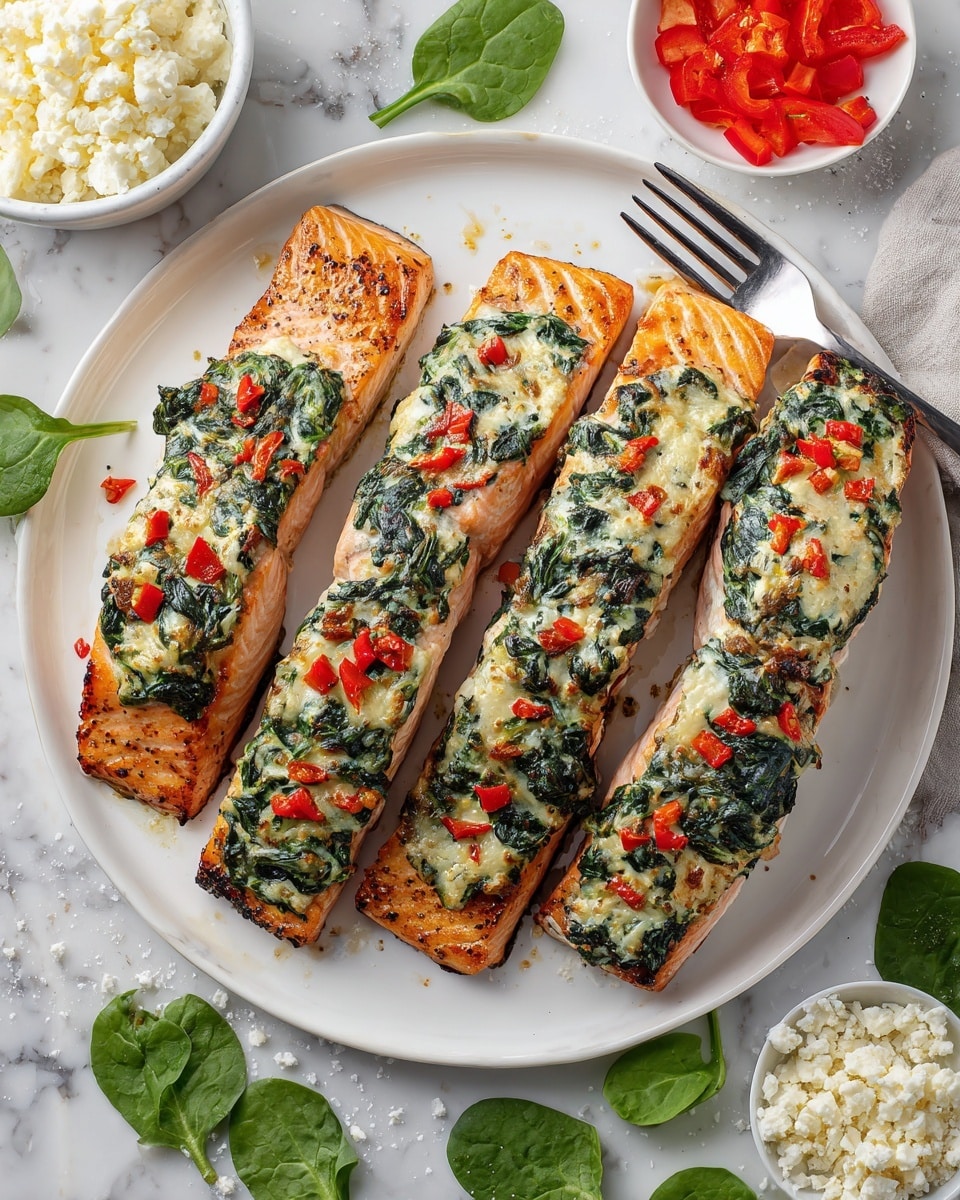 The dish shows four pieces of cooked salmon fillets arranged on a large white plate. Each fillet is topped with a creamy mixture that has layers of spinach and bright red bell pepper pieces, giving a contrast of green, white, and red colors on the pink-orange salmon. The salmon skin is slightly visible around the edges, and the fish has a lightly seasoned, slightly crisp surface with black pepper sprinkled on top. The plate is placed on a white marbled surface, with small bowls of white cheese and chopped red bell peppers nearby, as well as some fresh spinach leaves scattered for decoration. A silver serving fork rests on the side of the plate, and a soft gray cloth is partially visible under the plate. Photo taken with an iphone --ar 4:5 --v 7