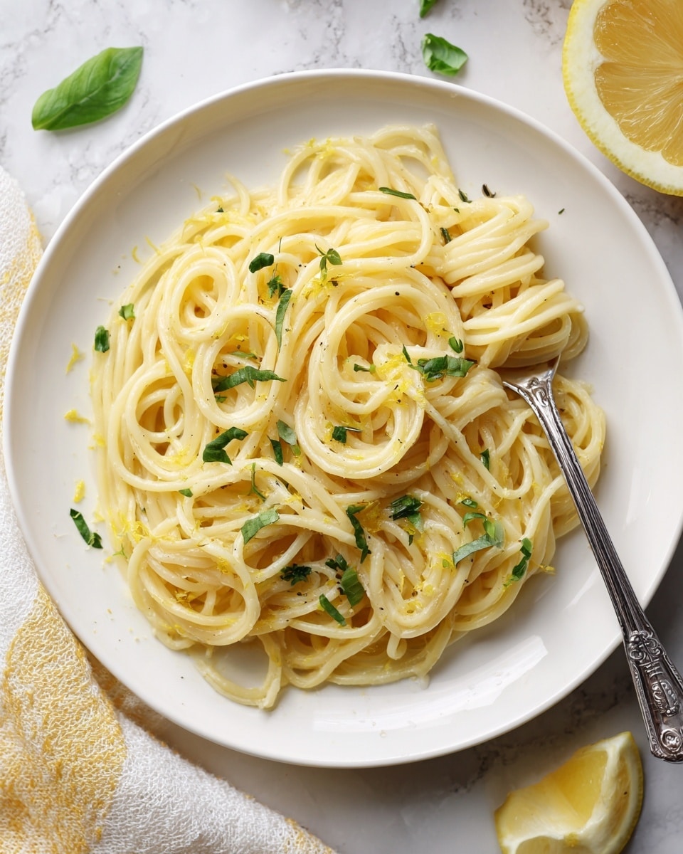 A white plate filled with a nest of light yellow spaghetti pasta layered with small dark green basil leaves scattered on top. Thin strands of bright yellow lemon zest are spread over the pasta, adding texture. A silver fork is twirling some spaghetti on the right side of the plate. There is a pale yellow lemon wedge placed at the bottom right edge of the plate. The background is a white marbled surface with loose basil leaves and a white cloth with yellow patterns partially visible in the bottom right corner. Photo taken with an iphone --ar 4:5 --v 7