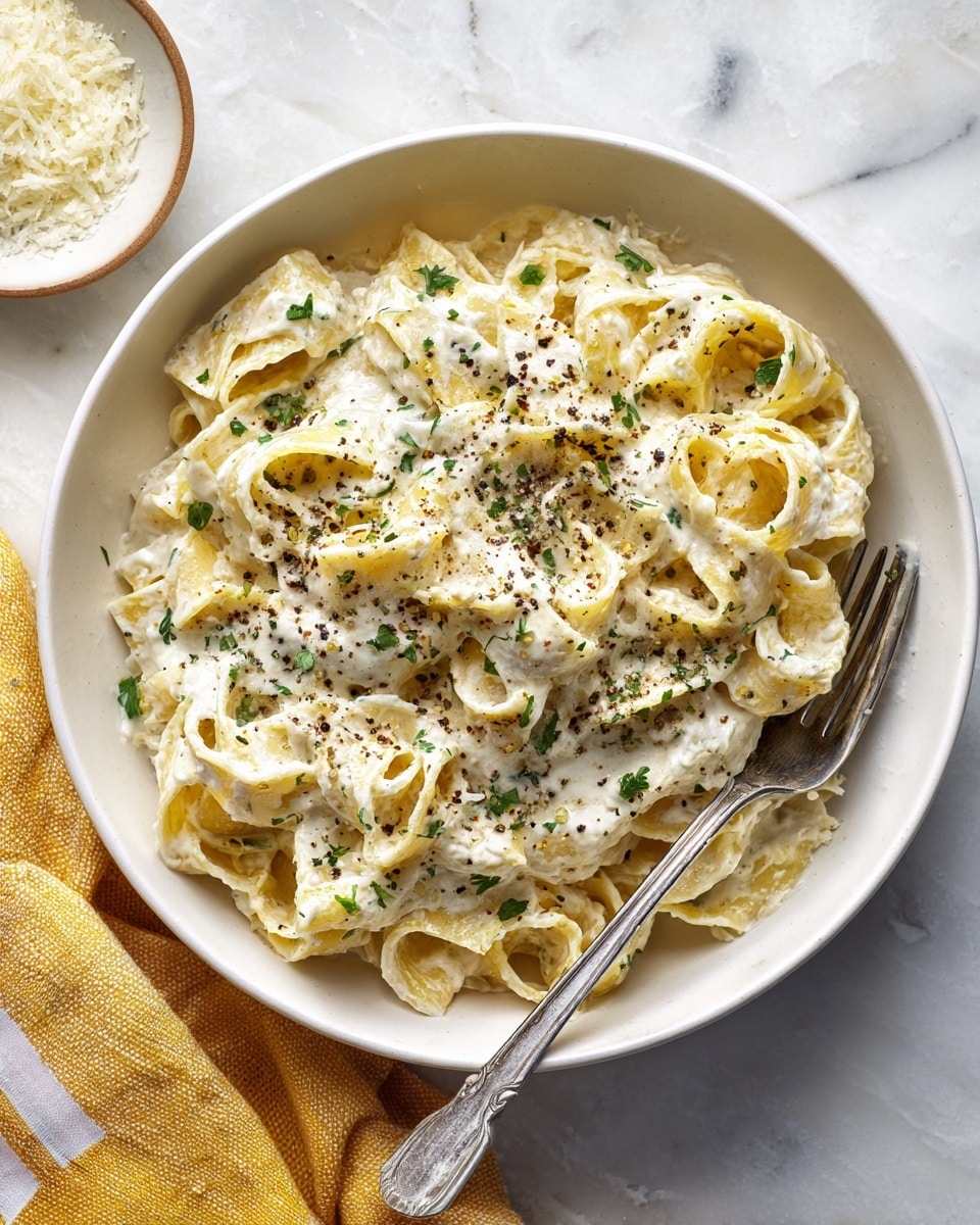 A white bowl filled with creamy fettuccine pasta in a white sauce, topped with small green herb pieces and a light sprinkle of black pepper. The pasta is raised and twisted in soft loops, showing the thick sauce clinging to each strand. A silver spoon and fork rest inside the bowl, with the fork slightly lifting some pasta. The bowl is placed on a white marbled surface, and a white plate with grated cheese is partly visible in the background. Photo taken with an iphone --ar 4:5 --v 7