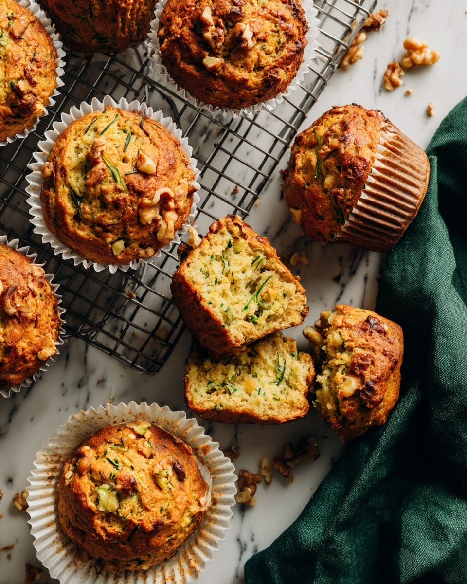 The image shows a collection of golden-brown muffins on a wire cooling rack placed on a white marbled surface. Each muffin is wrapped in white paper liners and topped with pieces of walnuts, adding texture and a nutty accent. One muffin in the center has a bite taken out, revealing a moist, green-speckled inside, suggesting the presence of zucchini or another green vegetable, with crumbs scattered around it. To the right, a dark green cloth is partly visible, adding color contrast to the scene. The lighting is natural, highlighting the muffins' slightly cracked tops and crunchy walnut pieces. photo taken with an iphone --ar 4:5 --v 7