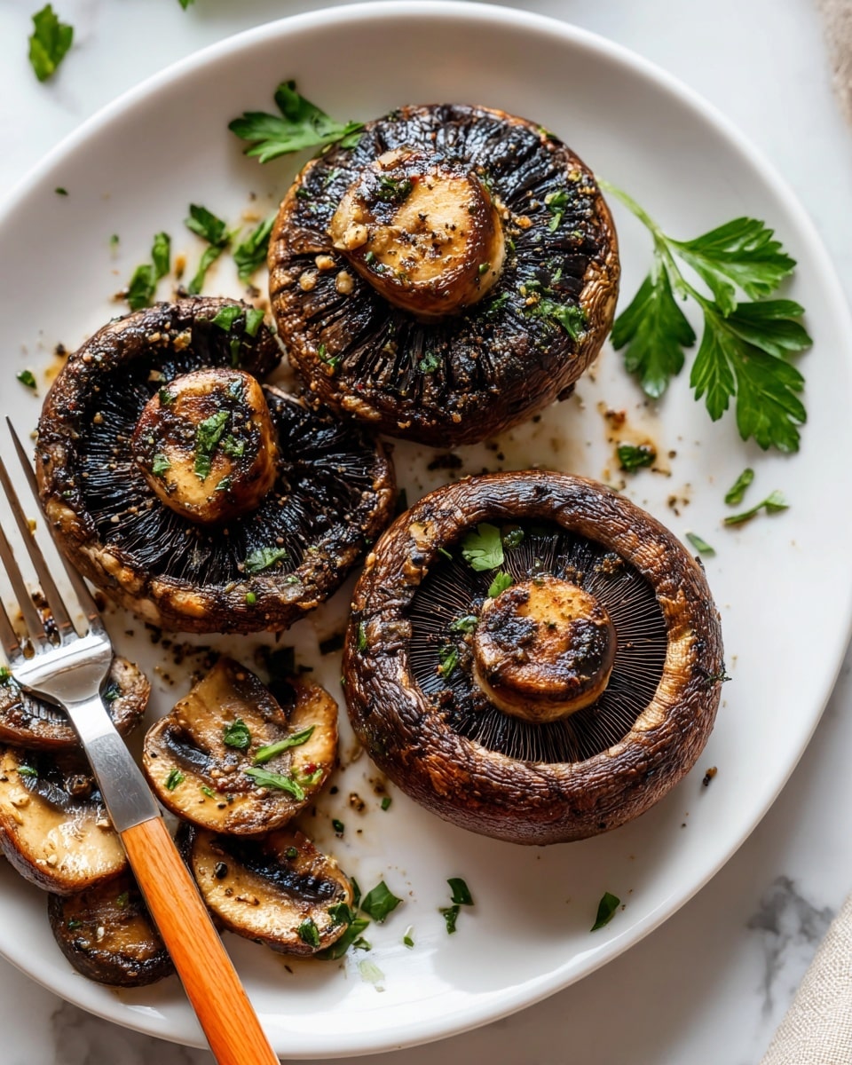The image shows a white oval plate with a deep blue inside, holding a serving of grilled mushrooms. There are two large, round mushrooms with dark brown tops and visible grill marks, sprinkled with small pieces of green herbs. Next to these are several slices of mushrooms, showing light beige edges and dark gills inside, also sprinkled with green herbs. A white fork with an orange handle rests on the plate near the mushroom slices. The plate is placed on a white marbled surface, and a woman's hand with a fork is seen at the edge of the frame. photo taken with an iphone --ar 4:5 --v 7