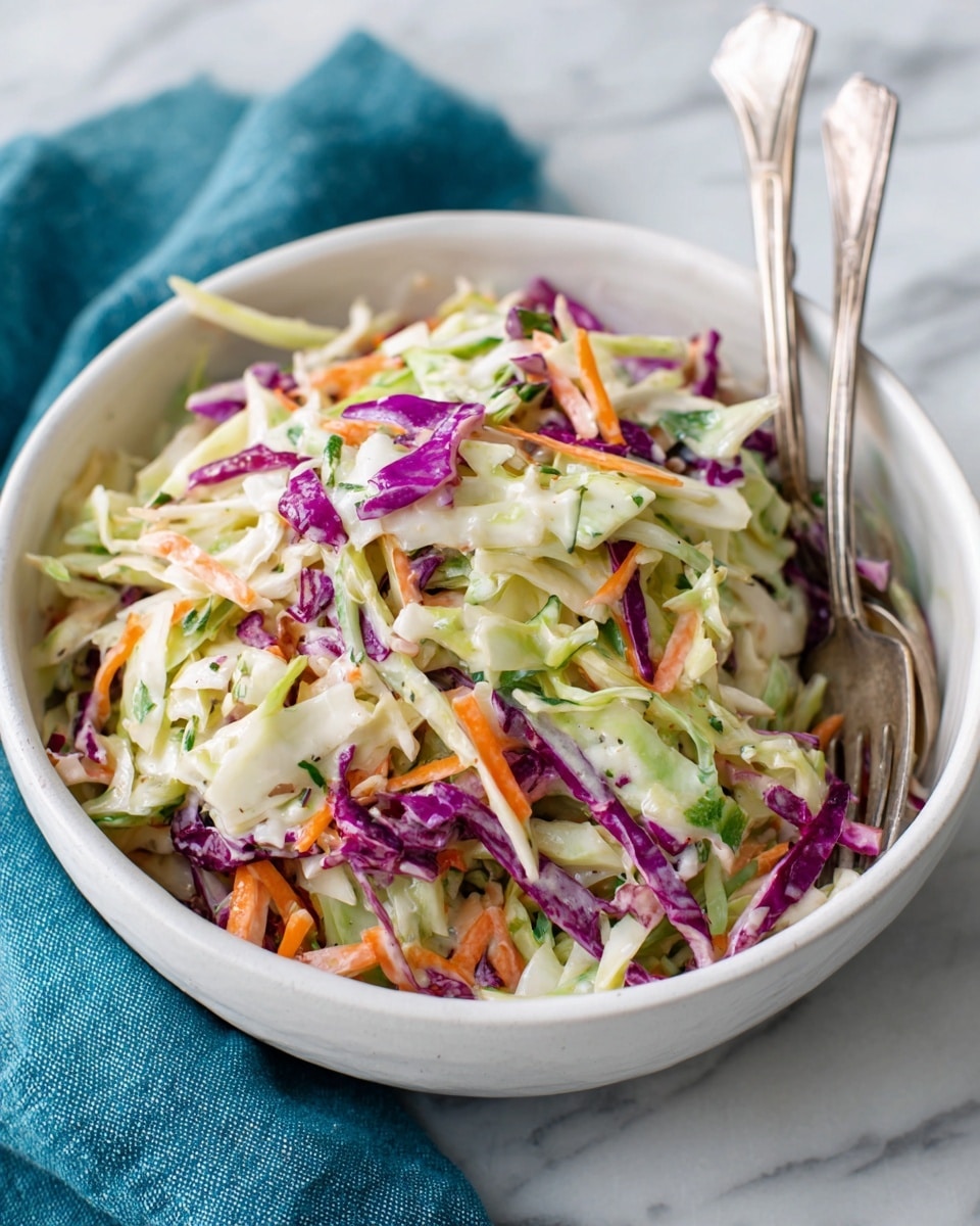 A bowl full of coleslaw sits on a white marbled surface. The coleslaw has three main layers visible: thinly sliced green cabbage with a light cream color, shredded purple cabbage adding bright purple streaks, and thin orange carrot strips scattered throughout. The mixture looks creamy but light, with the vegetables mixed evenly, creating a colorful and fresh-looking texture. Two silver vintage forks rest on the right side inside the white bowl, and a soft blue cloth is placed nearby. The photo taken with an iphone --ar 4:5 --v 7