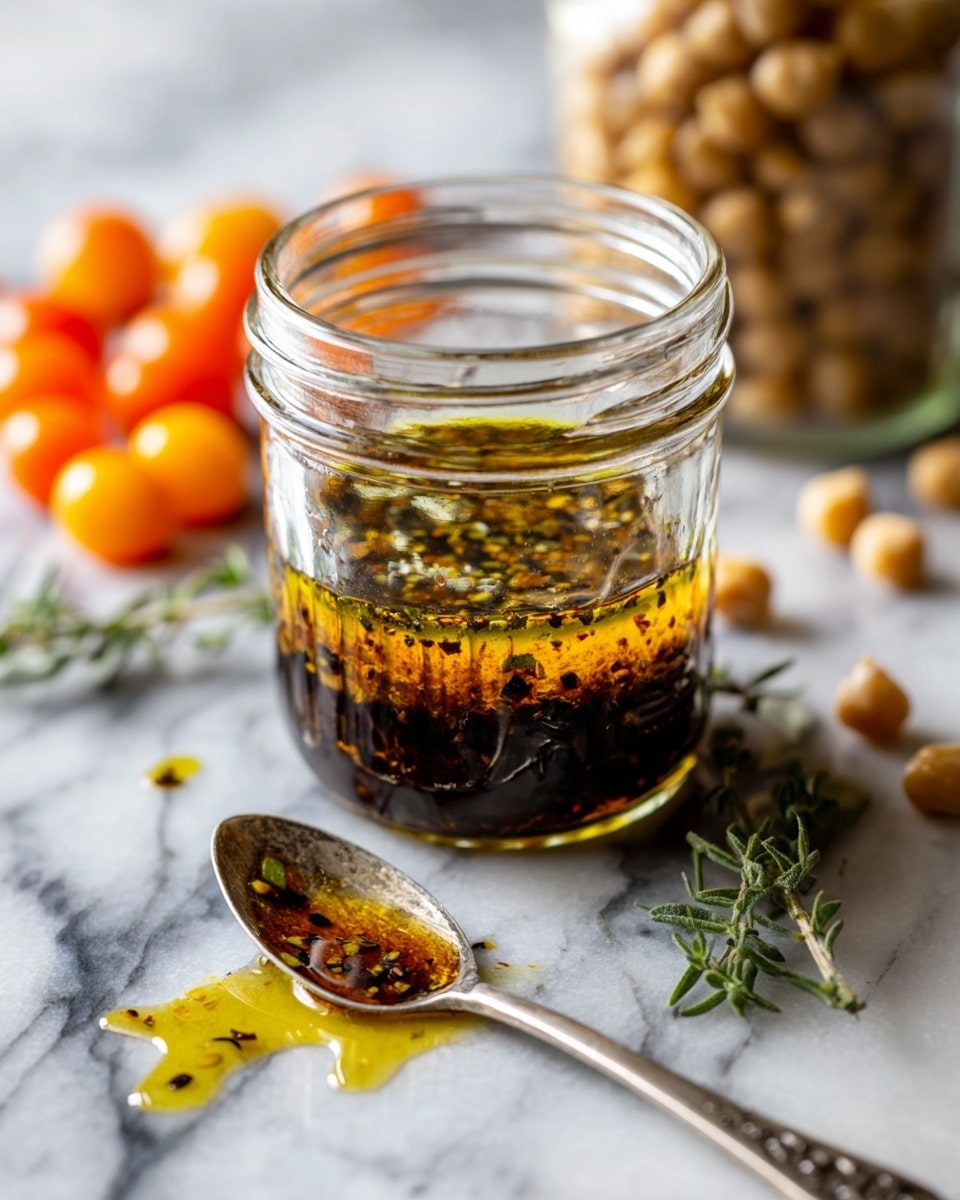 A clear glass jar filled with a two-layer sauce, the bottom layer is a thick dark brown with small black specks of seasoning, while the top layer is a thin, lighter golden oil floating above it, giving a separated look. The jar sits on a white marbled surface with a silver spoon in front, holding some of the sauce with visible oil shine. In the background, there are three bright orange cherry tomatoes on the left, a glass jar filled with chickpeas on the right, and some green herb leaves scattered nearby. The photo taken with an iphone --ar 4:5 --v 7