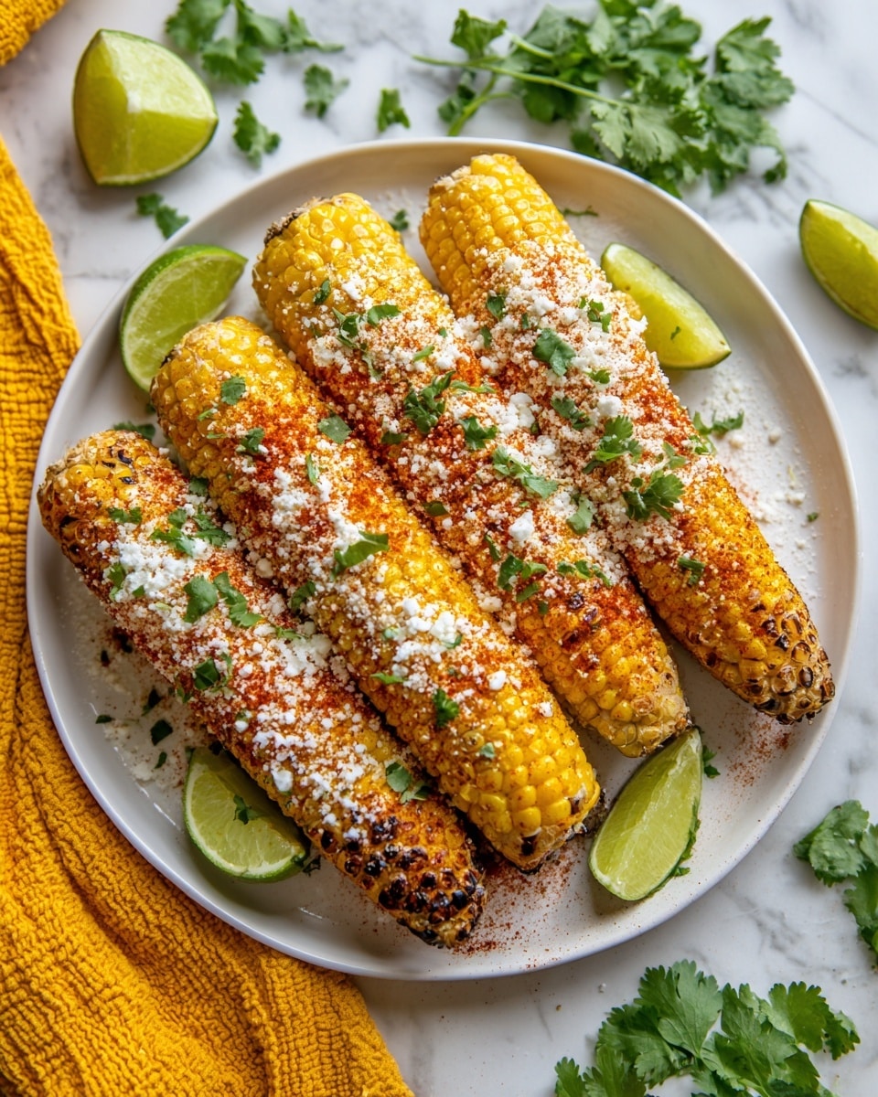 The image shows four ears of corn on a white plate, placed on a white marbled surface. Each ear of corn is coated evenly with a white crumbly layer that looks like cheese and sprinkled with red chili powder and chopped green herbs, creating a colorful contrast. The corn kernels underneath are pale yellow, and the tips of the ears are exposed without the crumbly coating. Around the plate, there are lime wedges and fresh green herb sprigs scattered both on the plate and on the marble surface. A yellow cloth is partially visible in the top right corner. The overall look is fresh and vibrant with a mix of white, red, green, and yellow colors. photo taken with an iphone --ar 4:5 --v 7