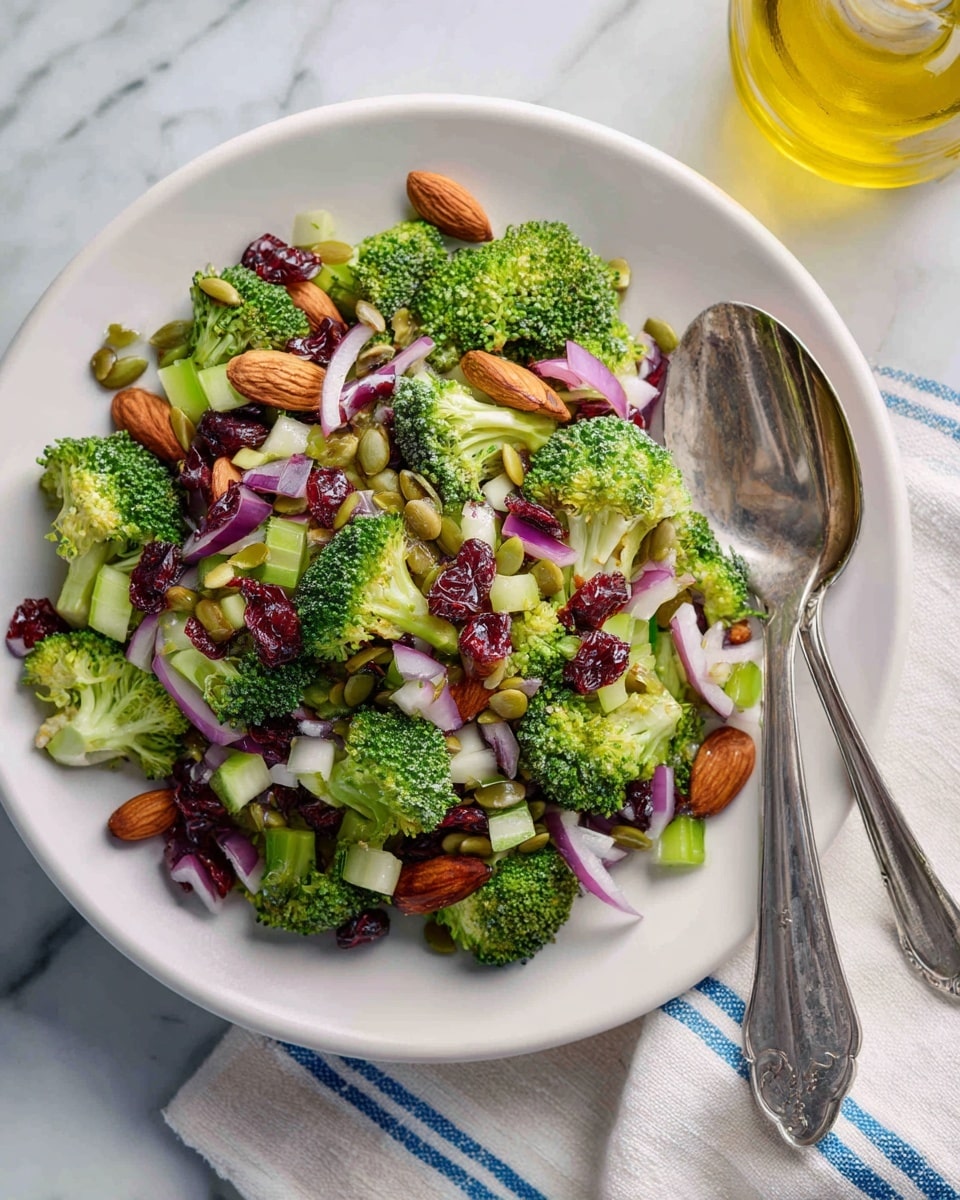 A large white plate sits on a white marbled surface, filled with a colorful broccoli salad. The base layer is bright green broccoli florets evenly spread across the plate. On top of the broccoli, there are scattered pieces of small diced light green celery and finely chopped purple-red onions. Whole light brown almonds are mixed throughout and sprinkled on top, along with deep red dried cranberries. There are also small curved green pumpkin seeds scattered around. A silver spoon lies on the right side of the plate, partially resting on the salad. A glass jar of olive oil is seen in the top left corner. photo taken with an iphone --ar 4:5 --v 7