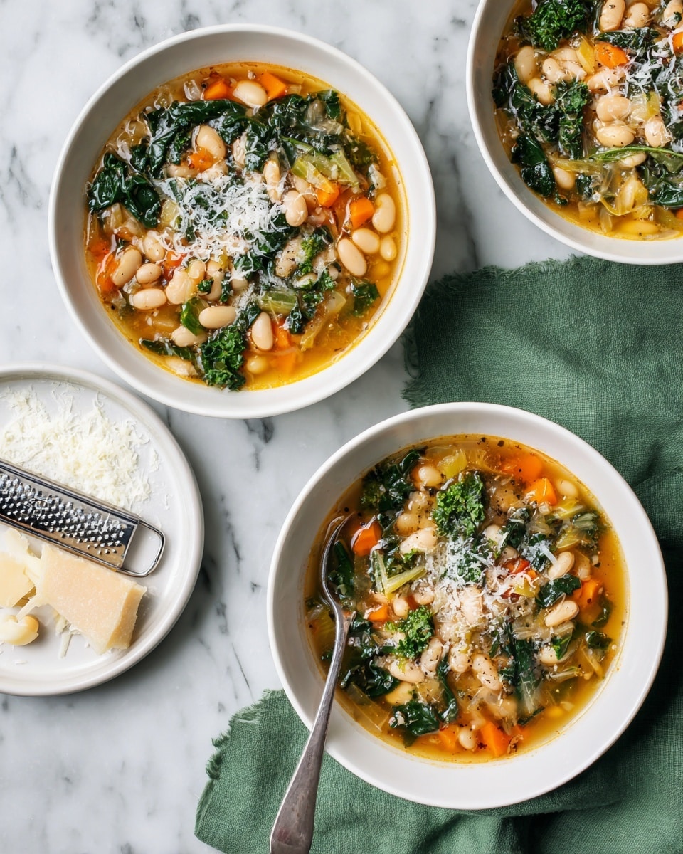 Three white bowls are filled with vegetable soup, each showing layers of broth with chunks of orange carrots, white beans, green leafy kale, and small bits of celery and herbs. On top of the soup, grated white cheese and a sprinkle of black pepper add texture and color contrast. One bowl has a spoon resting inside, and the bowls are placed on a white marbled surface. Nearby is a beige plate holding more grated cheese and a metal grater with cheese scattered around. A green cloth is partially visible in the upper left corner, and a silver pepper grinder is placed near the top right bowl. photo taken with an iphone --ar 4:5 --v 7