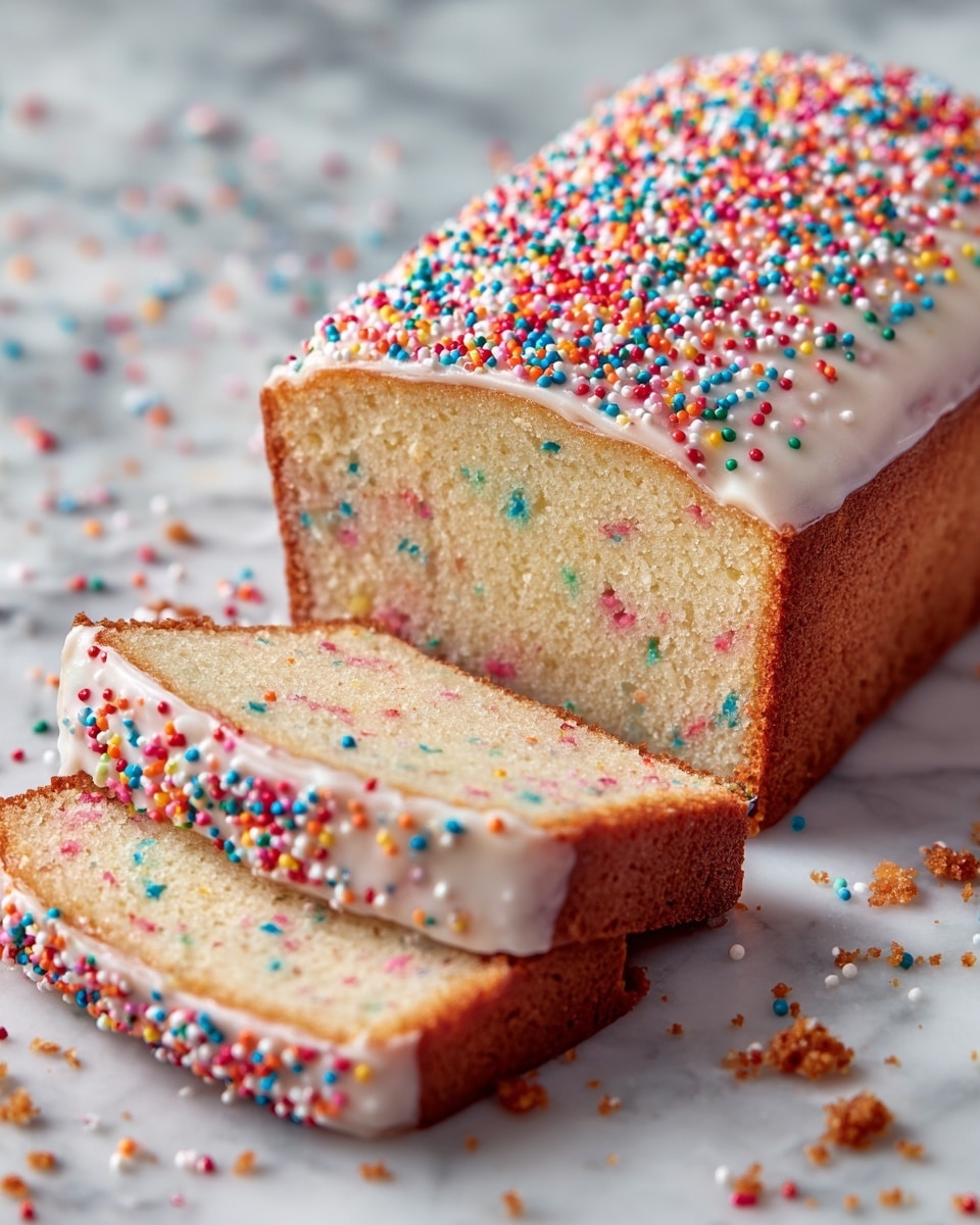 A loaf cake with two slices cut and slightly separated, showing a light beige inside speckled with small, colorful candy bits. The top layer is thick white frosting covered with bright, multicolored sprinkles, and the cake has a golden brown crust. It is placed on white parchment paper over a wooden board, with some crumbs and scattered sprinkles around. The background has a white marbled texture. Photo taken with an iphone --ar 4:5 --v 7