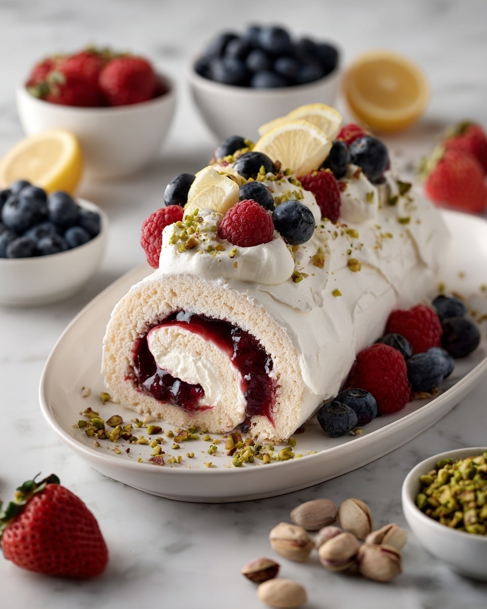 A white rolled cake with three visible layers: a soft, light sponge at the bottom, a creamy white filling with yellow and red swirls inside, and a thick outer layer of smooth white cream. The top has white whipped cream piped in swirls, decorated with halved red strawberries, two dark blue blueberries, and a small yellow lemon wedge, sprinkled with small green pistachio pieces. The cake sits on a white plate on a white marbled surface with a soft pink cloth nearby. The background has a blurred white vase with green and white flowers. Photo taken with an iphone --ar 4:5 --v 7