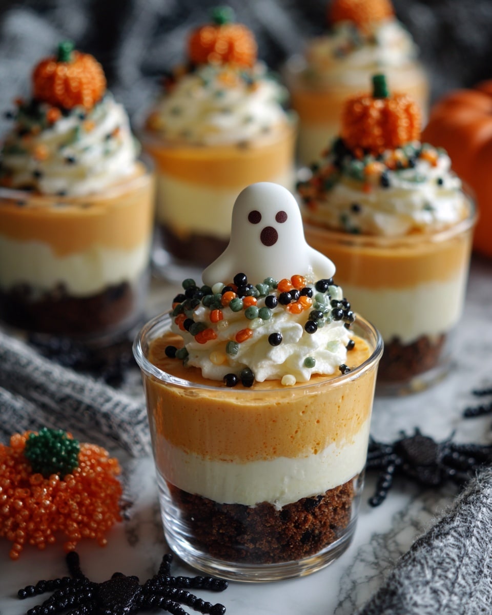 A clear cup with four visible layers stands on a white marbled surface: the bottom layer is white cream, followed by a dark crumbly chocolate layer, then a smooth bright orange layer, and topped with fluffy white whipped cream sprinkled with small black, orange, and a few green candy pieces. A white ghost-shaped cookie with small brown eyes and mouth sticks up from the whipped cream, along with a small round candy decorated like an orange pumpkin with black and green details. The front cup is in sharp focus, showing all details clearly, while several similar cups fade softly into a dark, blurred background. Small orange plastic spiders and colorful candy bits are scattered around on the surface. photo taken with an iphone --ar 4:5 --v 7