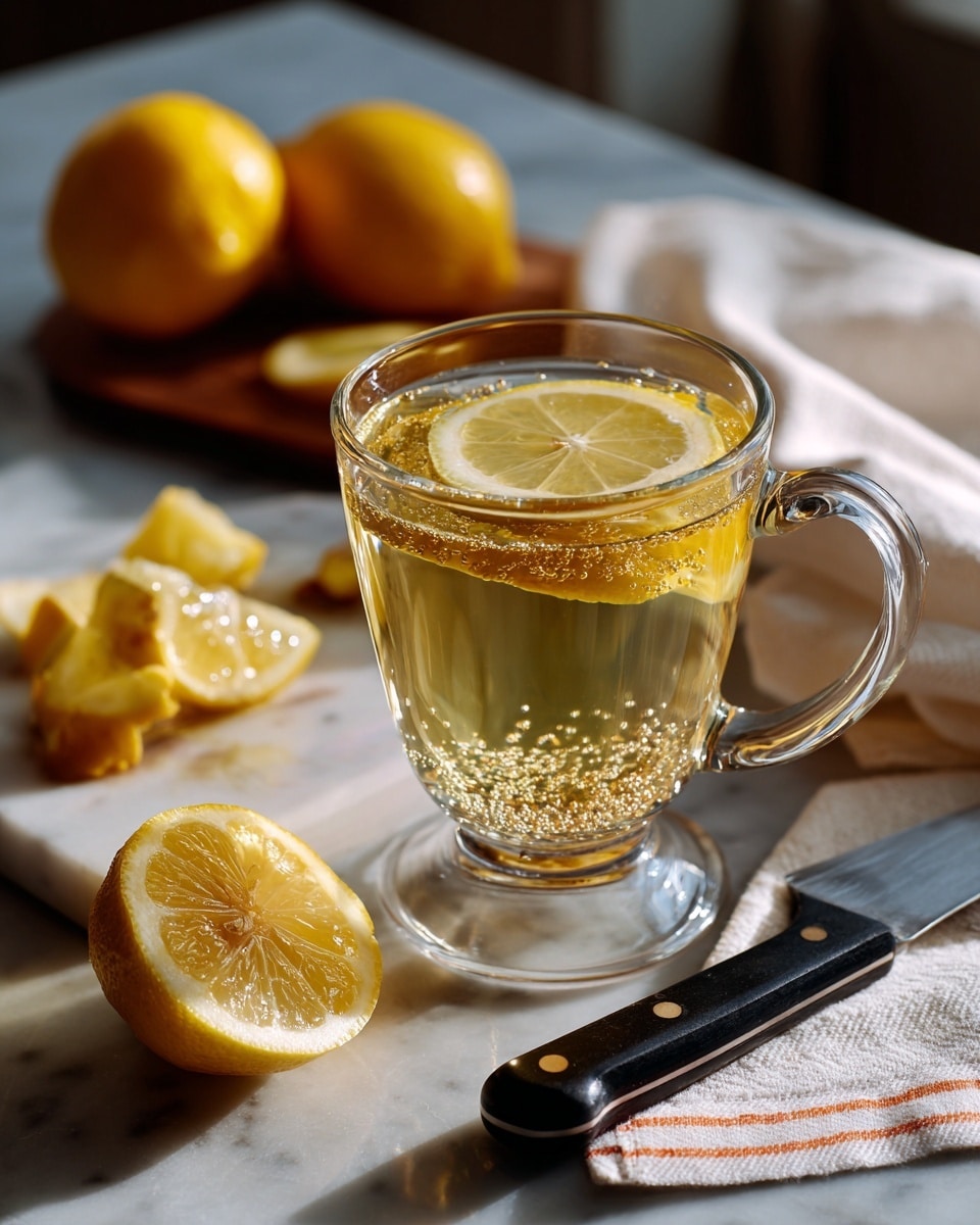 A clear glass mug with a thick handle holds a light golden-yellow drink with small bubbles rising to the top. A thin, round slice of lemon floats on the surface, showing its light yellow flesh and white rind. At the bottom of the mug, a small layer of brown sediment is visible. The mug is placed on a white marbled surface. In the background, there is a wooden board with a black-handled knife and a peeled lemon wedge. An orange and white striped cloth is partially visible on the left side. Photo taken with an iphone --ar 4:5 --v 7