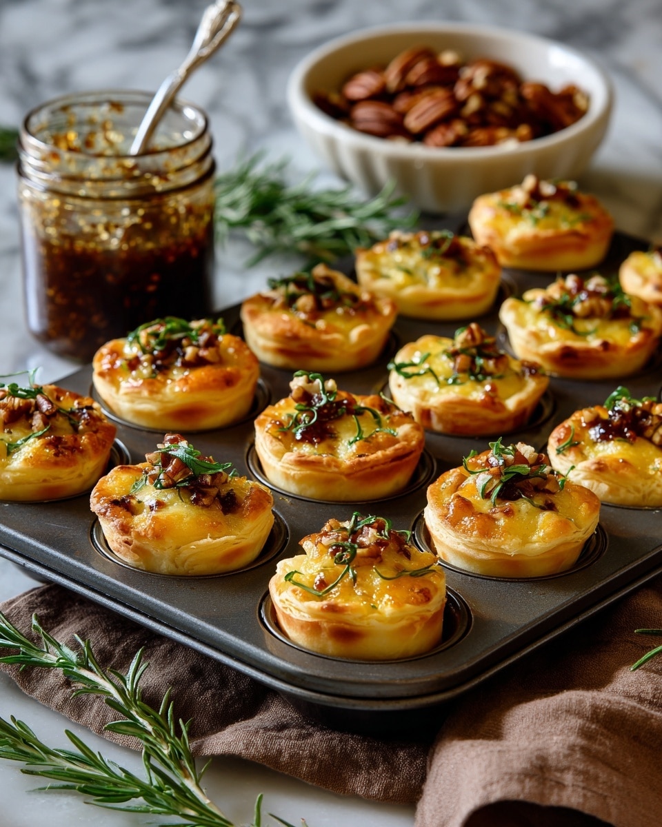 A metal muffin tray holds twelve puff pastry cups, each golden and flaky with a slightly puffed texture. Inside each cup is a round block of creamy yellow cheese topped with a glossy layer of fig spread, giving a smooth amber color. Small pieces of chopped pecans and green rosemary sprigs sit neatly on top of the fig spread. In the background, an open jar with a spoon is filled with fig spread, showing a rich amber color. Next to the jar, a white bowl holds more chopped pecans. The whole scene is set on a white marbled surface with a brown cloth placed to the side. photo taken with an iphone --ar 4:5 --v 7