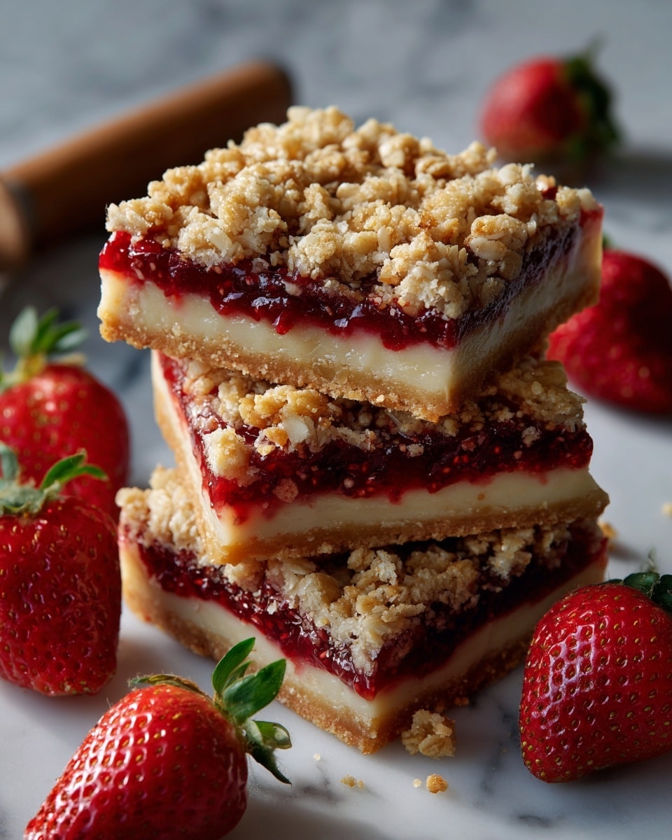 The image shows several square pieces of strawberry crumble bars arranged on white parchment paper over a white marbled surface. Each bar has three layers: a light golden-brown base that looks soft and crumbly, a thick middle layer of bright red strawberry filling with visible chunks of strawberry, and a top layer of golden oat crumble with a rough texture. Some bars are stacked, showing their layers clearly from the side. Scattered beside the bars are a few whole and halved strawberries, their red color contrasting with the bars and the white surface. The background is blurred and light-colored, and a knife with a wooden handle lies out of focus at the back. photo taken with an iphone --ar 4:5 --v 7