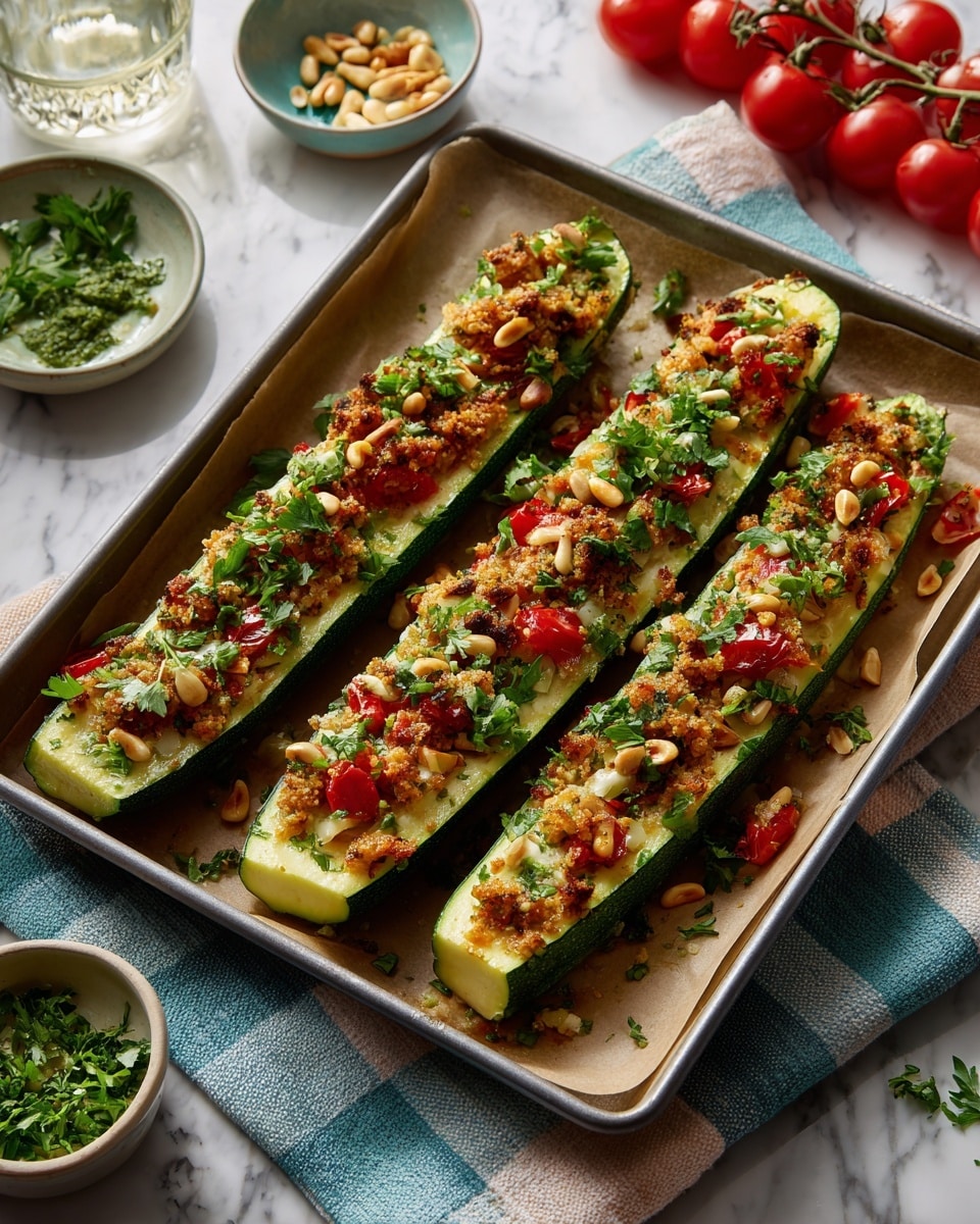 The image shows five halves of zucchinis arranged in a single layer on a white baking tray lined with parchment paper. Each zucchini half is hollowed out and filled with a mixture of finely chopped red cherry tomatoes, green herbs, grated cheese, and small pine nuts, creating a colorful and textured layer on top of the pale green zucchini flesh. The tray rests on a blue and white checkered cloth placed over a white marbled surface. Around the tray, there are small containers with ingredients including pine nuts, green pesto, and salt, as well as a bunch of red cherry tomatoes on the vine, a glass of white wine, and a woman's hand holding a fork. The scene has a bright and fresh appearance, with a variety of textures from smooth zucchini skins to chunky topping pieces photo taken with an iphone --ar 4:5 --v 7