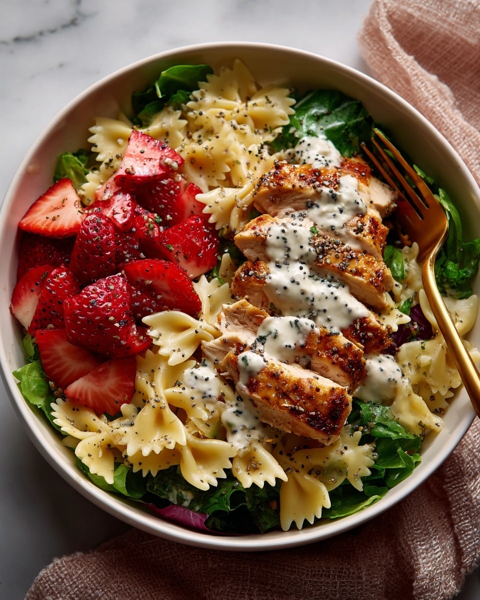 The dish is presented in a large white round bowl placed on a white marbled surface. The base layer is light-colored bowtie pasta mixed with green lettuce pieces and sliced red strawberries, creating a mix of pale yellow, fresh green, and vibrant red colors. On top of this, there are two rows of thick, evenly sliced, cooked chicken with a golden brown outside and white inside. A creamy white dressing speckled with black poppy seeds is drizzled over the chicken and scattered throughout the pasta and salad. A gold fork rests inside the bowl on the right side, and a soft pink cloth is draped to the left side of the bowl. In the upper corner, two clear glasses with a light pink drink add a refreshing touch. The photo taken with an iphone --ar 4:5 --v 7