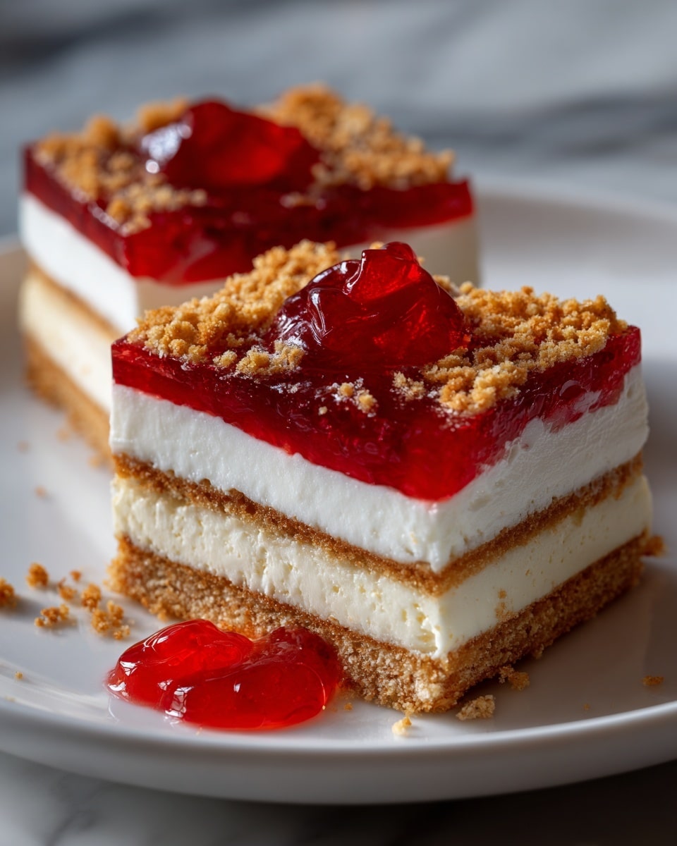 The image shows three pieces of a layered dessert on a white plate resting on a white marbled surface. Each piece has four visible layers, starting with a golden brown crunchy layer at the bottom, followed by a thick creamy white layer, a bright red berry sauce layer in the middle, then another thick creamy white layer, and finishing with a golden brown crunchy layer on top. On top of each piece, there is a dollop of shiny red berry sauce, with a slightly chunky texture. Some crumbs are scattered around on the plate, adding a casual touch. The photo taken with an iphone --ar 4:5 --v 7