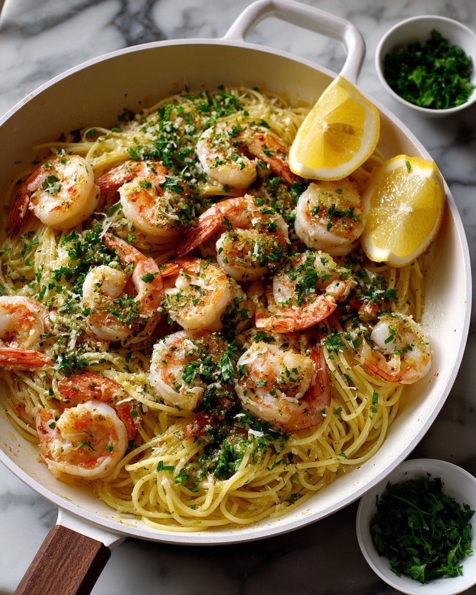 A white round pan filled with a single layer of light yellow spaghetti mixed with pink shrimp evenly placed on top, garnished with small green parsley pieces scattered throughout. On one edge, there are three thin bright yellow lemon slices neatly stacked. The pan is set on a white marbled surface with a small white bowl of finely chopped green herbs nearby. The scene is bright and clean with soft natural light highlighting the textures of the shrimp and pasta photo taken with an iphone --ar 4:5 --v 7
