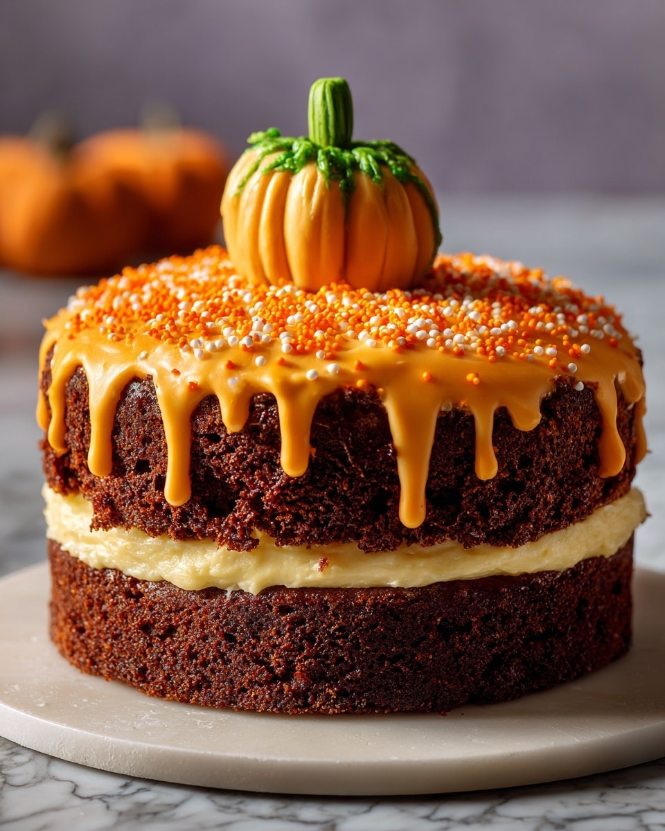 The image shows a round pumpkin-shaped cake with two main layers of moist orange-brown cake, joined by a layer of light orange frosting inside. The top of the cake is covered with bright orange frosting that drips down the sides, decorated with small orange sprinkles. In the center of the cake sits a cone-shaped green section, coated with green sparkling sugar, resembling a pumpkin stem. The cake is hollow inside, with candy corn spilling out from the middle onto a white plate, which is sprinkled with colorful leaf-shaped confetti. A small white sign held up by a stick says