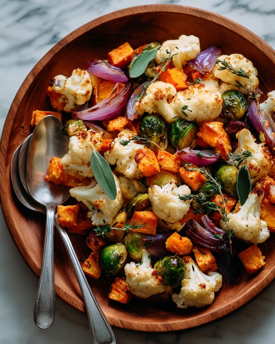 The image shows a wooden round board filled with roasted vegetables arranged in a loose layer. There are white cauliflower pieces with a slightly browned roasted texture scattered evenly throughout the board. Light orange cubes of roasted butternut squash and carrots add a warm color contrast. Charred green Brussels sprouts, some halved, add texture and color depth. Purple-red chunks of roasted red onion provide layers of vibrant color. Fresh green sage leaves are placed on top in different spots, giving a fresh look. A silver spoon with some cauliflower and other vegetables rests on the board’s left side. The background is a white marbled surface. photo taken with an iphone --ar 4:5 --v 7
