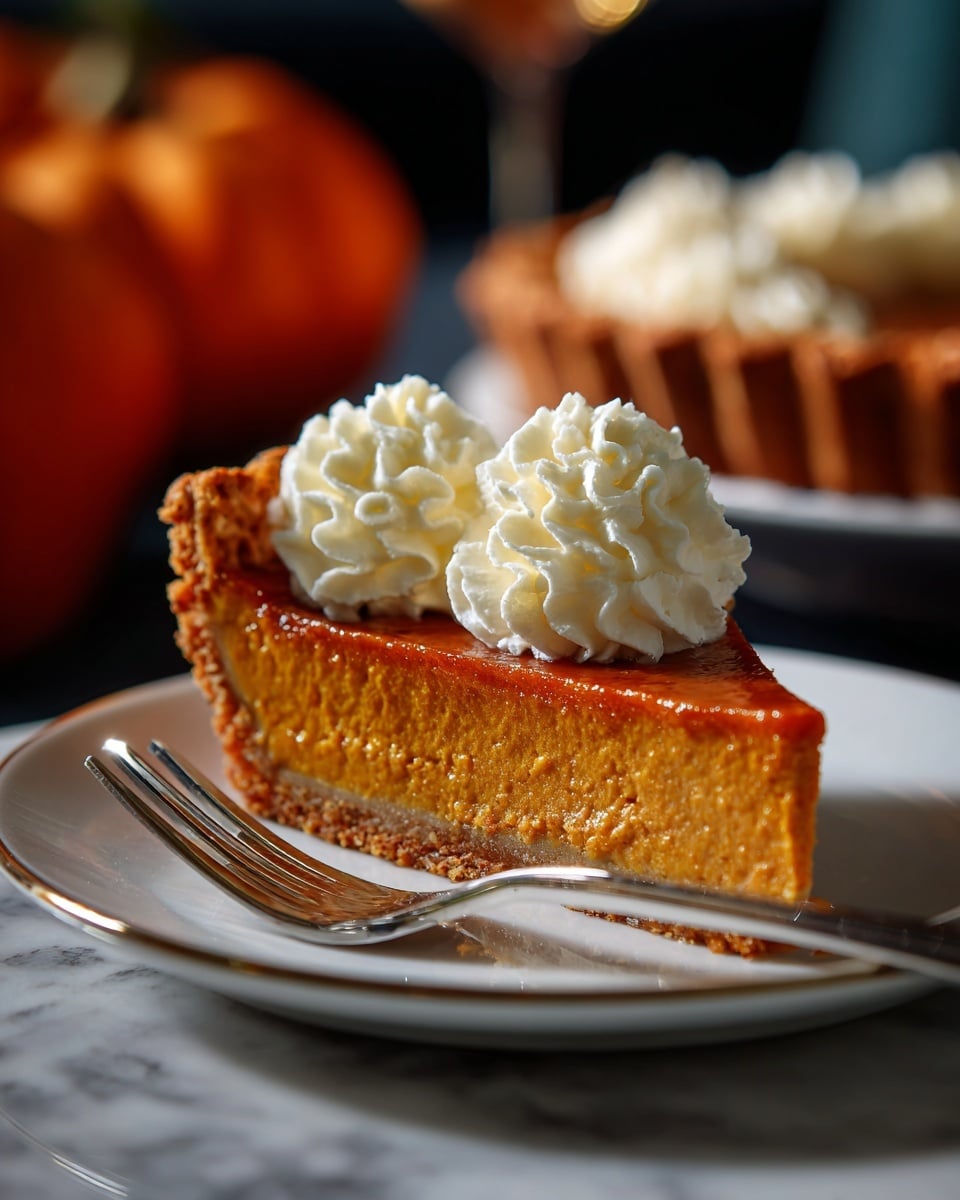 A single slice of pumpkin pie sits on a white plate over a white marbled surface. The pie has three clear layers: the bottom layer is a light tan, flaky crust that holds the filling; the middle layer is a smooth, dense orange pumpkin filling; the top layer is a large swirl of white whipped cream with a light, fluffy texture, sitting in the center of the pumpkin filling. The edge of the crust is visible at the back of the slice, and a silver fork rests on the right side of the plate. Photo taken with an iphone --ar 4:5 --v 7