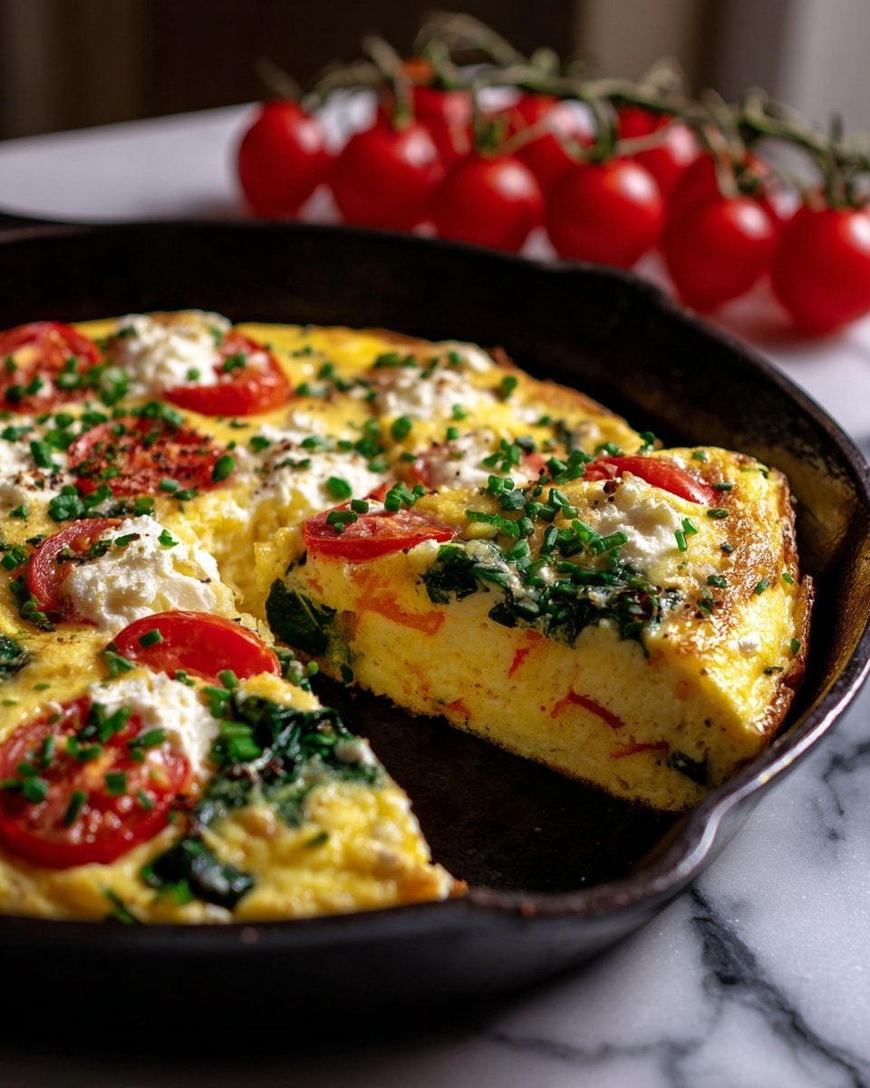 A bright yellow omelette sits in a black pan with visible slices of red cherry tomatoes evenly spread across the top layer, mixed with small green leafy vegetables and bits of orange bell pepper. White chunks of cheese are scattered throughout, melting softly into the eggs. There are tiny green chive pieces sprinkled on one side near the omelette's edge. The pan rests on a white marbled surface, with a small bunch of cherry tomatoes still attached to their green stems placed near the top edge of the pan. Photo taken with an iphone --ar 4:5 --v 7