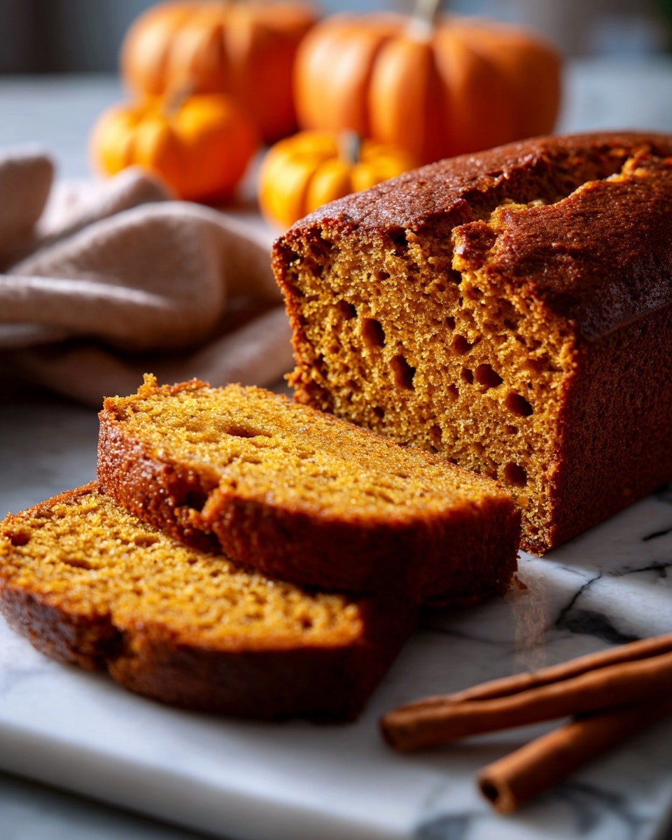 The image shows a close-up of a thick, rectangular loaf of pumpkin bread with a rough, cracked top crust in a deep golden-brown color. The inside is moist and dense with a warm orange-brown hue and a textured crumb with small air holes. Two slices lie in front of the main loaf, showing the uniform, soft layers inside. The bread rests on a light yellow cloth, with a cinnamon stick visible to the side and blurred orange pumpkin shapes in the background, all placed on a white marbled surface. photo taken with an iphone --ar 4:5 --v 7