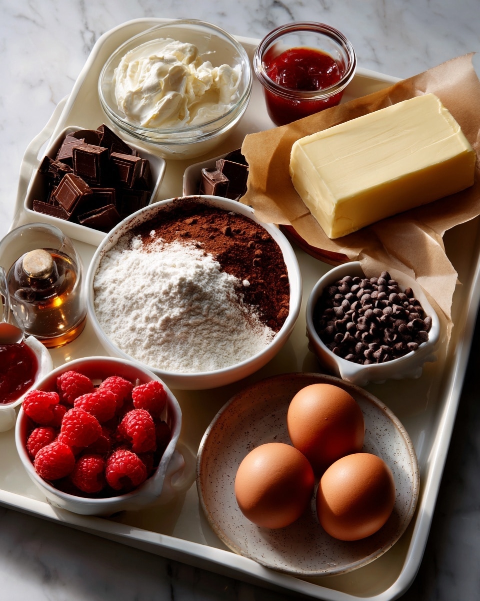 A white tray holds eleven containers with baking ingredients arranged neatly: a white bowl with half white flour and half brown cocoa powder in the center, two whole brown eggs on a small speckled white plate to the right, and a stick of butter on a piece of brown parchment paper above. Around the center bowl are small white bowls filled with dark chocolate chunks (top left), bright red fresh raspberries (middle left), light brown sugar (top right), dark chocolate chips (top middle right), and more dark chocolate chips (bottom middle left). A small container of red jam and a clear glass bowl with white yogurt sit above the cocoa and flour bowl, with a small glass bottle of vanilla extract placed at the bottom left on the tray. The tray rests on a white marbled surface. photo taken with an iphone --ar 4:5 --v 7