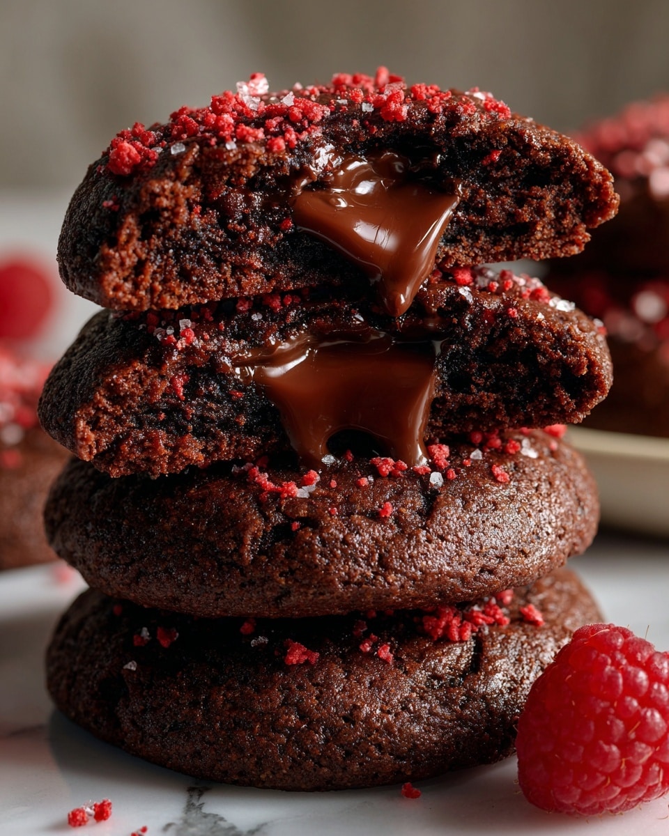 A stack of four rich, dark chocolate cookies is shown, each broken in half to reveal a thick, melted chocolate center that looks smooth and shiny. The top cookie has some crushed red bits sprinkled on top, adding a bright red contrast to the dark brown cookies. The cookie dough looks soft and moist with small chunks inside, and the cookies are placed on a white marbled surface with a few scattered red crumbs around. A fresh raspberry is visible at the bottom right corner, enhancing the red accents. The background is a light pink color with more red crumbs flying around, creating a lively and tasty scene. photo taken with an iphone --ar 4:5 --v 7