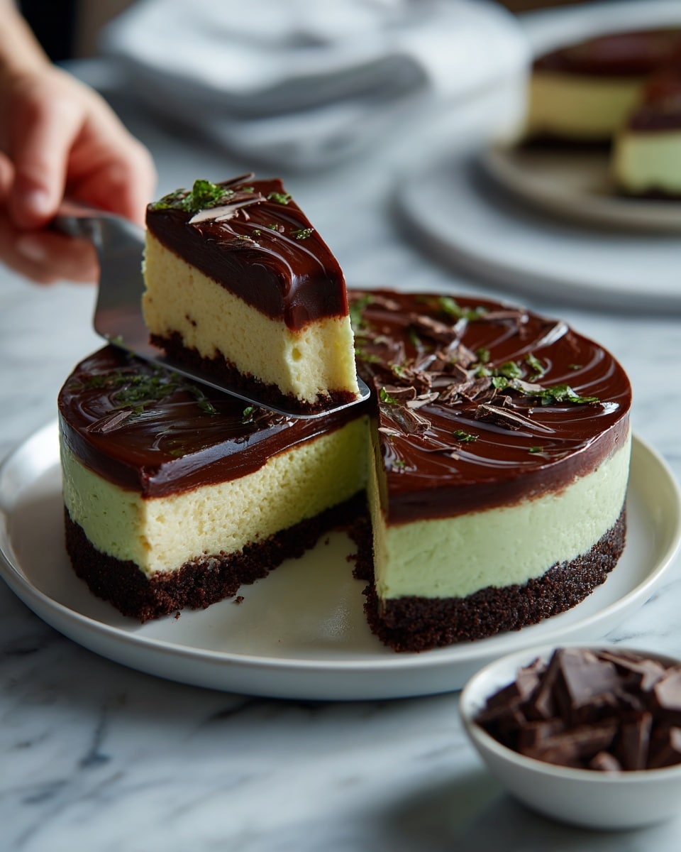 A round dessert with three distinct layers sits on a white plate over a white marbled surface. The bottom layer is dark and crumbly, almost black in color, resembling a firm cookie base. The middle layer is light green, thick and smooth, like a soft mint cream. Swirls of dark filling run through this green middle section, adding texture and contrast. The top layer is a shiny, smooth dark chocolate ganache spread thickly, with visible swirled patterns and a glossy finish. A single slice is cut out and placed lying beside the cake, showing the layered interior clearly. To the side, there is a small white bowl filled with chunks of dark chocolate. Photo taken with an iphone --ar 4:5 --v 7