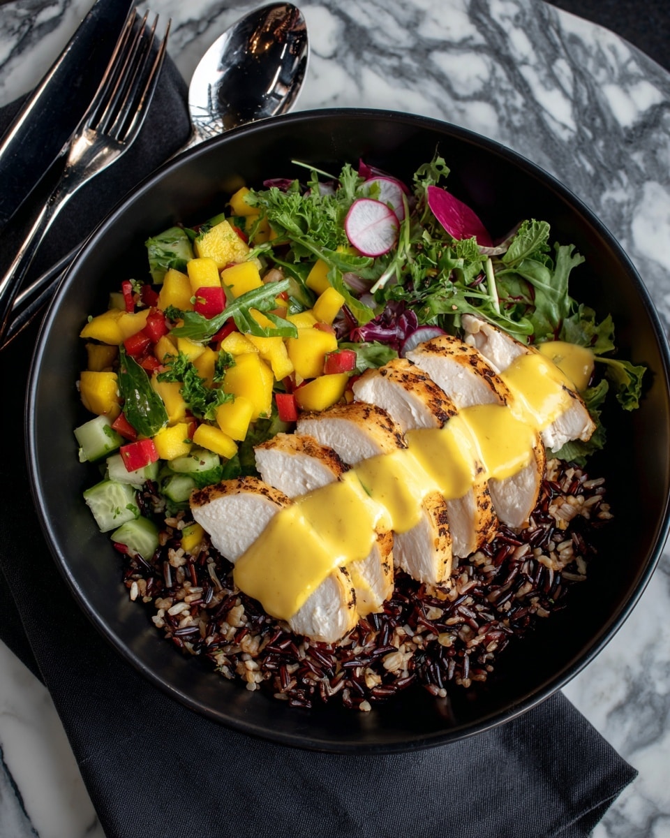 A black bowl on a white marbled surface holds a colorful dish with three main layers. The bottom layer is a bed of dark purple wild rice, rough in texture. On top of the rice is a mix of bright green chopped celery, red tomato pieces, and small yellow mango chunks, all fresh and juicy. The top layer has three thick white grilled chicken slices placed side by side, each topped with a smooth and shiny yellow sauce. The bowl is set on a dark soft cloth, with a fork and a knife placed beside it. photo taken with an iphone --ar 4:5 --v 7