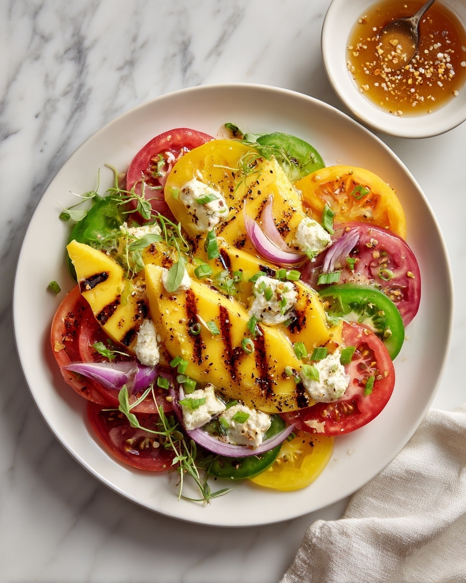The dish is on a white plate sitting on a white marbled texture. The bottom layer is a mix of colorful sliced tomatoes in red, green, yellow, and purple hues, arranged randomly. Over the tomatoes, several pieces of grilled yellow melon slices with dark grill marks are placed. There are creamy white cheese blobs scattered on top, with a larger round cheese ball on the right side. Thinly sliced red onion rings and green spring onion pieces are sprinkled all over. Fresh green basil leaves are spread evenly, adding a touch of freshness. The dish is lightly seasoned with visible black pepper and red chili flakes. On the top right outside the plate, a small white bowl with a light brown sauce that has red chili flakes floats on the surface. Photo taken with an iphone --ar 4:5 --v 7