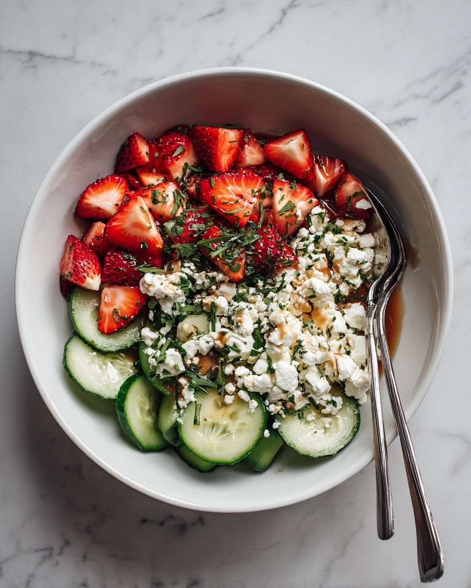 In a white bowl on a white marbled surface, there is a fresh salad with three main layers: a base of thin, round green cucumber slices, a middle layer of bright red strawberry slices, and a top layer sprinkled with white crumbled cheese and chopped green herbs. The salad is drizzled with a dark balsamic dressing, adding a shiny texture to some cucumber slices. On the side inside the bowl, there are two silver forks. photo taken with an iphone --ar 4:5 --v 7