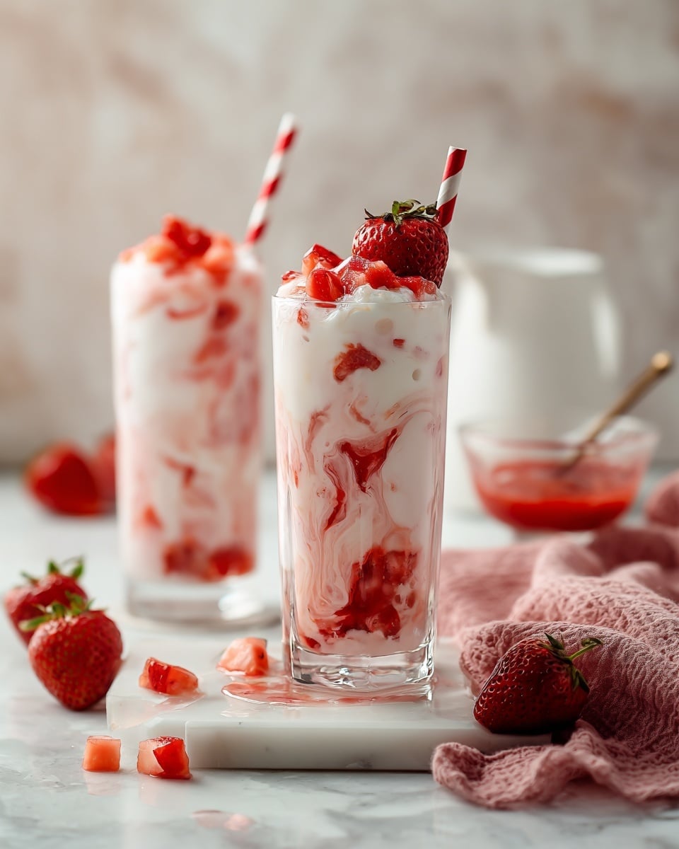 Two tall glasses filled with a creamy white and red strawberry drink that has swirls of red strawberry pieces mixed throughout. Each glass is topped with small diced strawberries and a whole strawberry on the rim. A white and red striped paper straw stands upright in each glass. The glasses are placed on a white marbled surface, with fresh strawberries and small strawberry pieces scattered around. In the background, there are glass bottles filled with milk and a clear bowl containing mashed strawberries with a spoon inside. A light pink cloth with tassels is partially visible on the left side. photo taken with an iphone --ar 4:5 --v 7