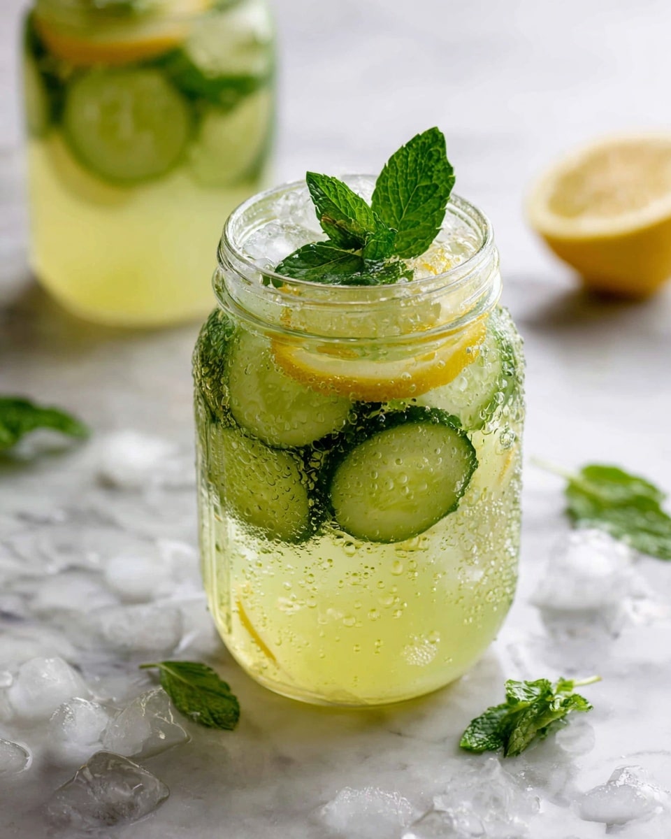 The image shows a clear glass jar filled with a light green-yellow drink, with condensation droplets on the outside of the jar. Inside the jar, there are visible slices of lemon and cucumber. At the top, two fresh green mint leaves stick out of the drink, adding a bright green color on top. The jar is placed on a white marbled surface with ice cubes and fresh mint leaves scattered around. In the background, there is another similar jar with the same drink and another lemon wedge lightly visible. photo taken with an iphone --ar 4:5 --v 7