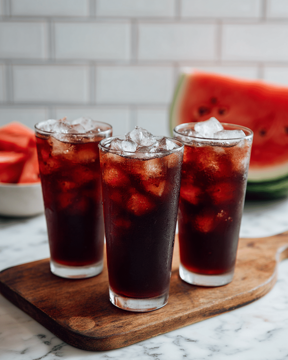 Three tall clear glasses are filled with a deep red liquid and a few large ice cubes floating on top. The glasses are on a wooden board placed on a white marbled surface. In the blurry background, there is a white bowl holding a green watermelon with a visible red slice leaning on the bowl's edge. The drink looks fresh and cool with smooth reflections on the glass surfaces photo taken with an iphone --ar 4:5 --v 7
