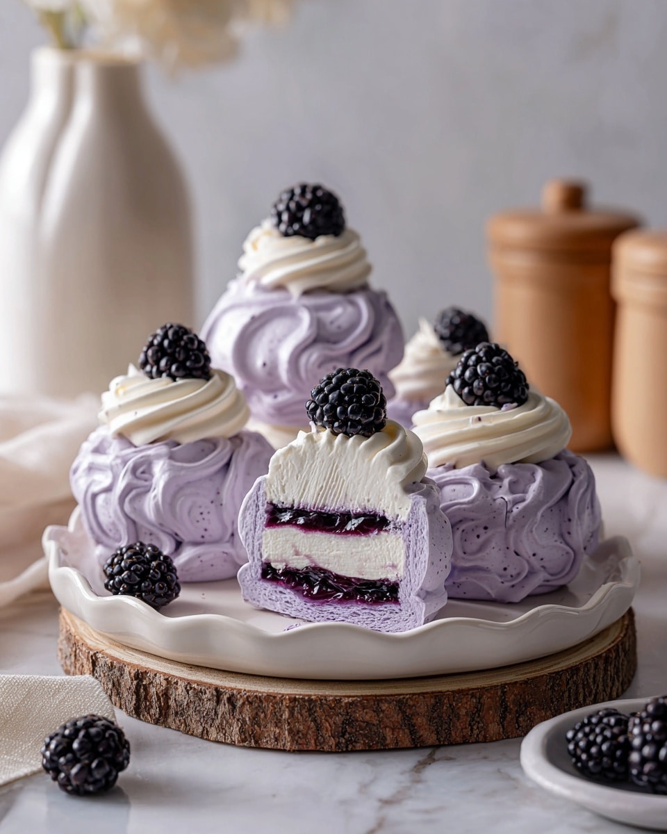 The image shows five lavender-colored meringue nests with swirl textures, placed on and around a white scalloped plate on a wooden slice, all set on a white marbled surface. Each nest has a swirl of white cream on top and a large blackberry sitting in the center of the cream. One of the nests on the plate is broken open to reveal layers inside: a white meringue shell, a layer of dark purple blackberry filling, and white cream topped with a blackberry. The background has a blurred white vase and a wooden container, adding soft neutral tones to the scene. photo taken with an iphone --ar 4:5 --v 7