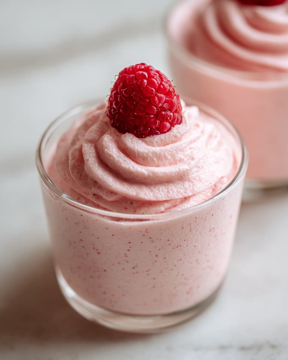 A clear glass cup with a smooth swirl of pink mousse filling the cup in two thick layers, the mousse has a light, fluffy texture with tiny dark specks inside. On the top center of the mousse sits a single fresh raspberry, deep red with visible texture and small juice droplets. The glass cups are placed on a white marbled surface with soft natural light that highlights the mousse’s creamy swirls and the raspberry’s fine detail. Photo taken with an iphone --ar 4:5 --v 7